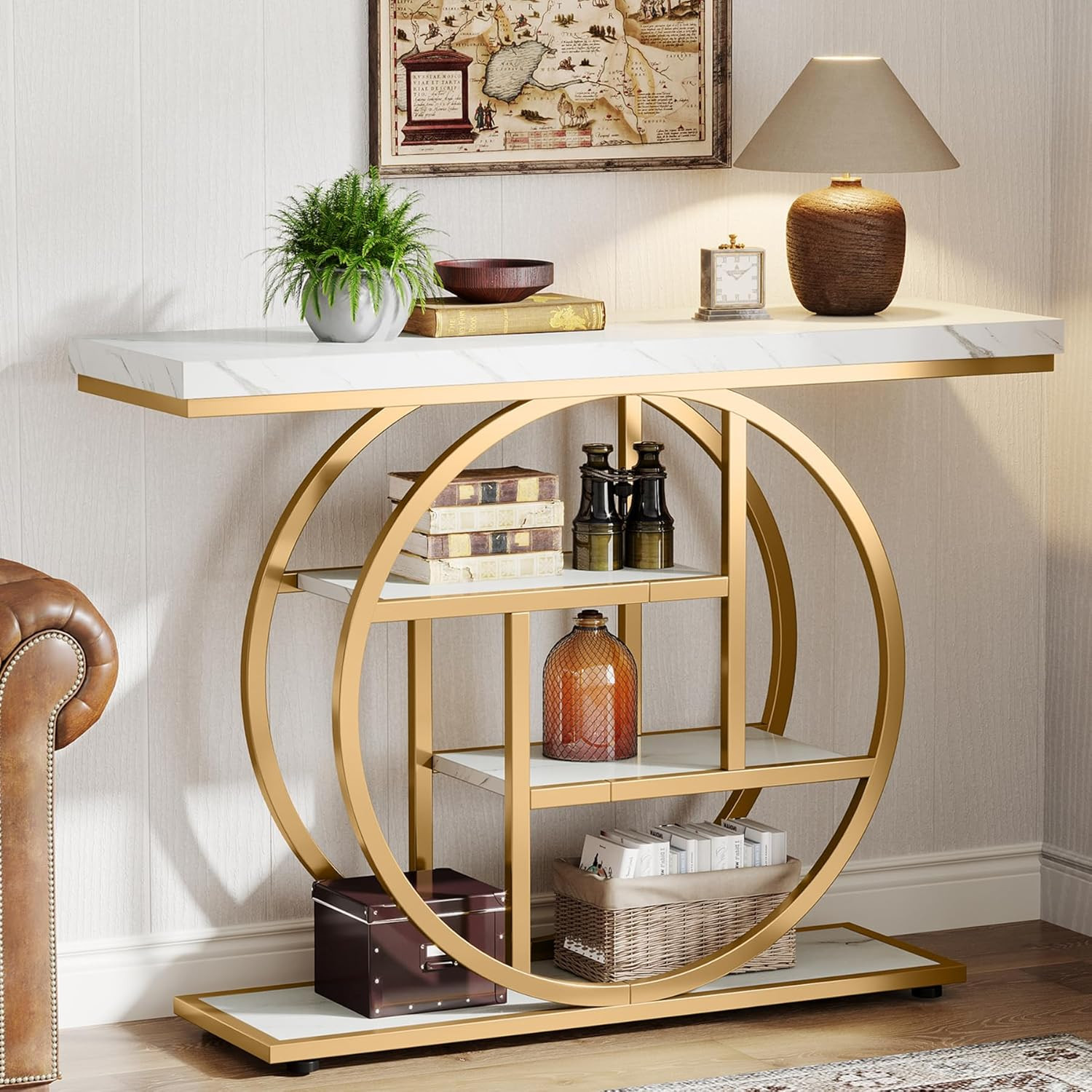 41.3″ Console Table, Industrial 4-Tier Sofa Entryway Table with Circle Base, Nar