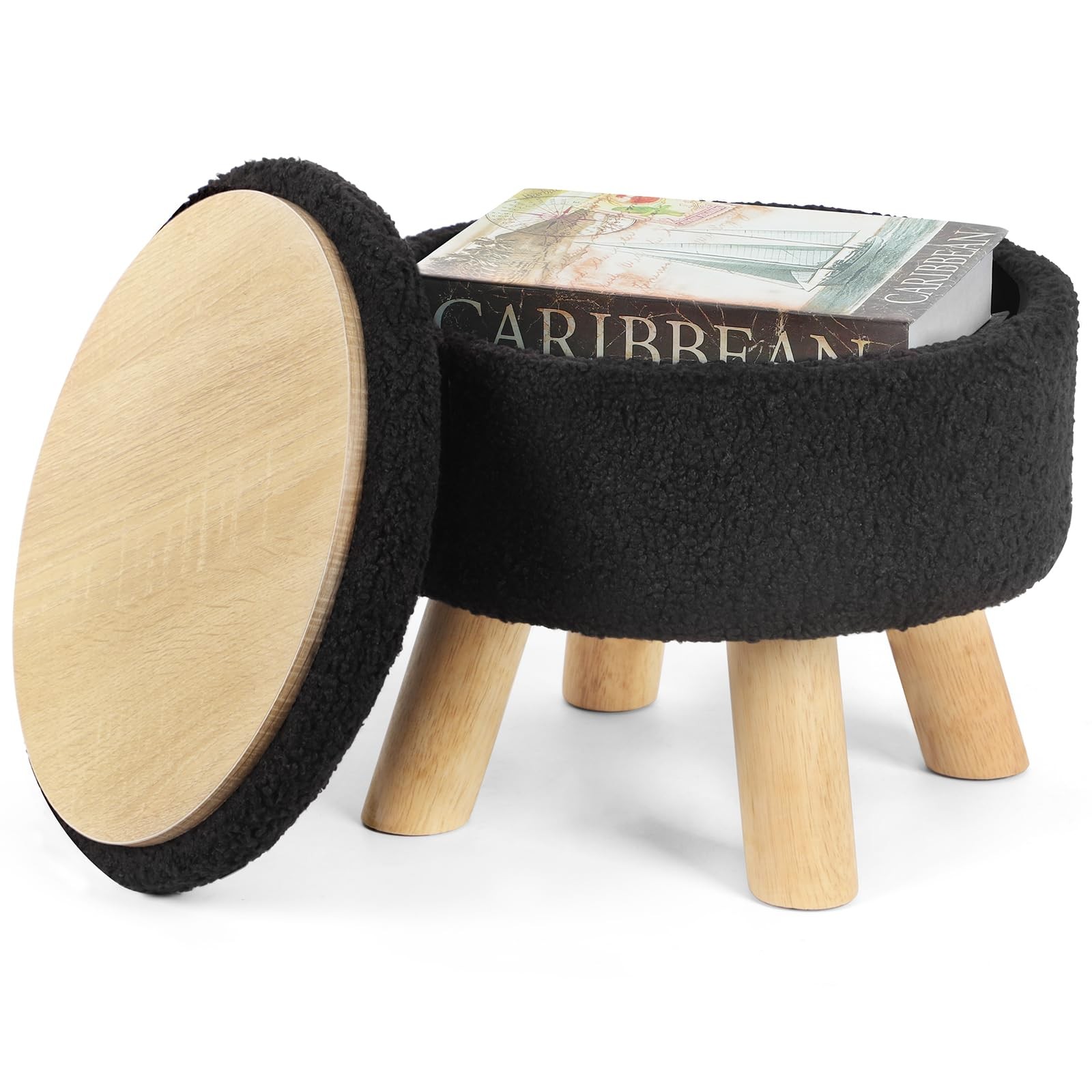 Small Round Storage Ottoman Footstool Boucle Teddy Velvet Padded Seat Black