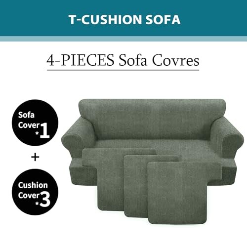 Green Stretch Couch Cover – 4 Pieces – T Cushion Sofa Slipcovers