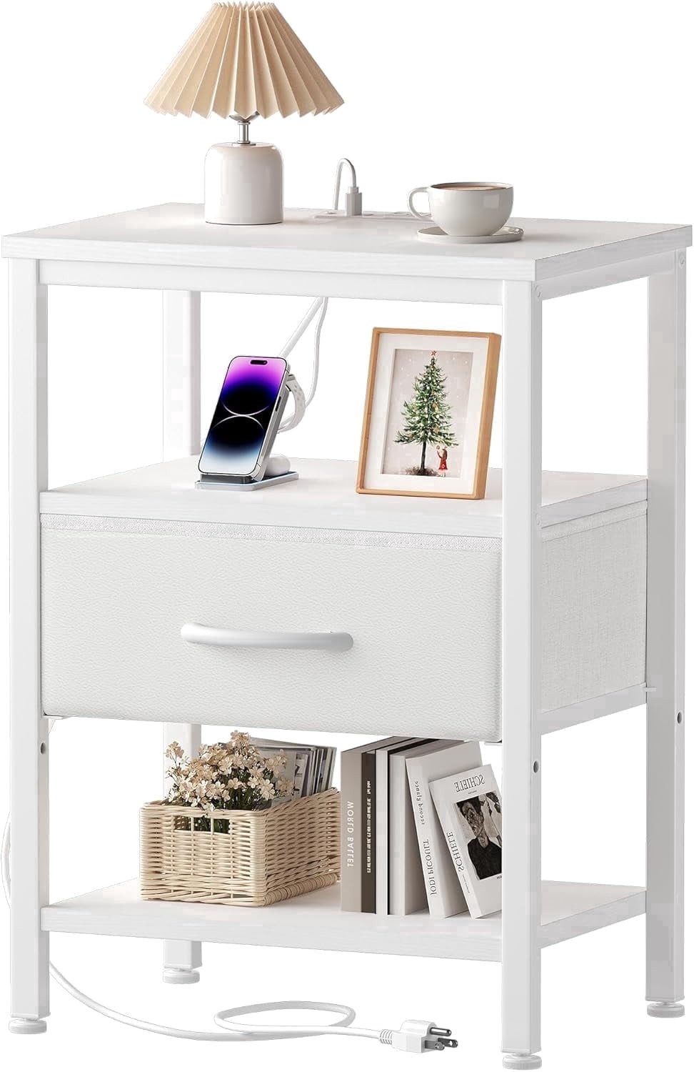 Nightstand with Charging Station&Fabric Drawer&Open Shelf,End Table Small Space