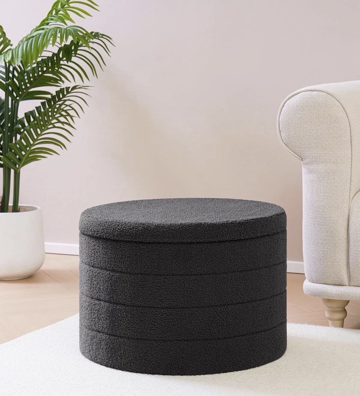 Round Ottoman with Storage, foldable Footstool, Boucle Foot Rest 22in