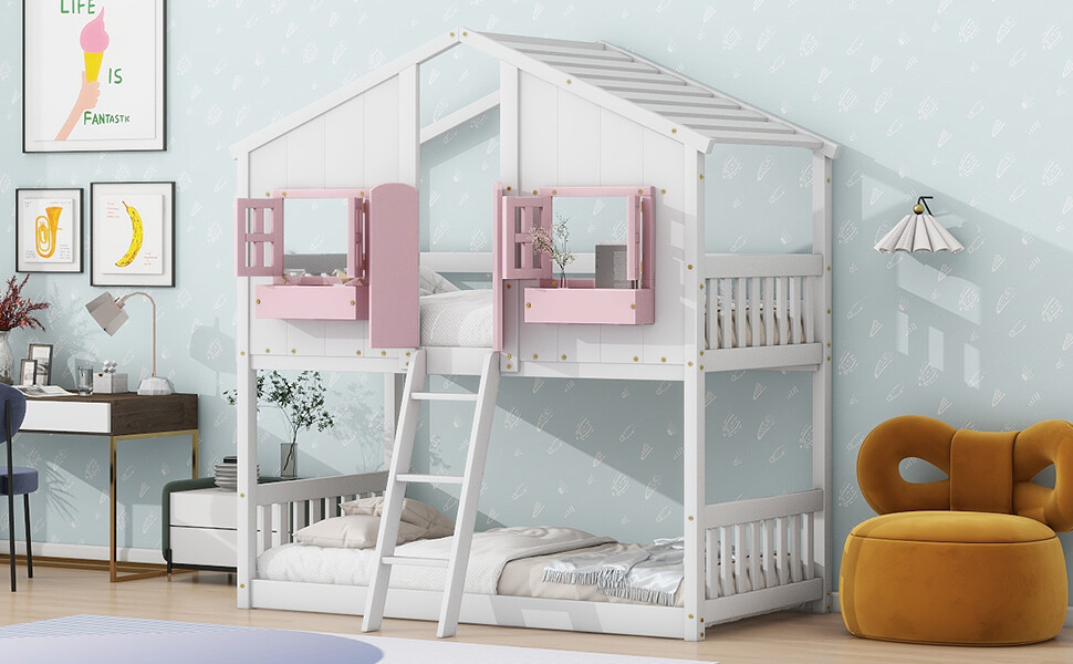 Wood Bed Frame Twin over Twin House Bunk Bed with Roof , Window & Ladder Pink