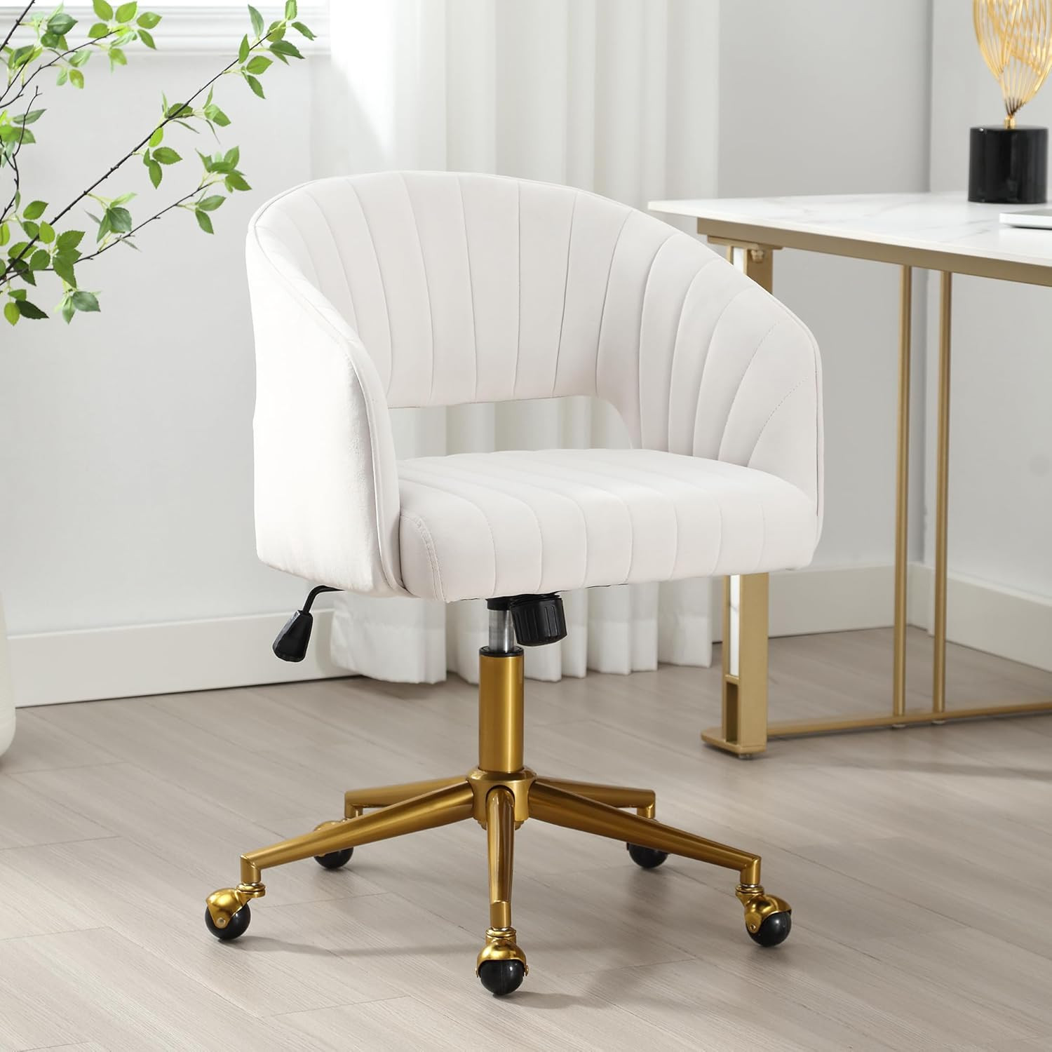 Desk Chair with Wheels, Gold Base, Velvet Accent Vanity Armchair, Off-White | Sp