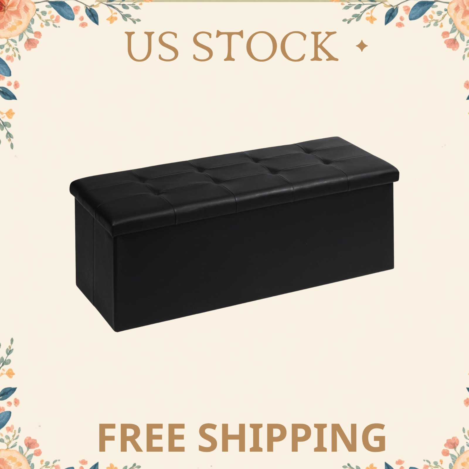 Folding Storage Ottoman Bench, Black Faux Leather Long Ottoman Chest