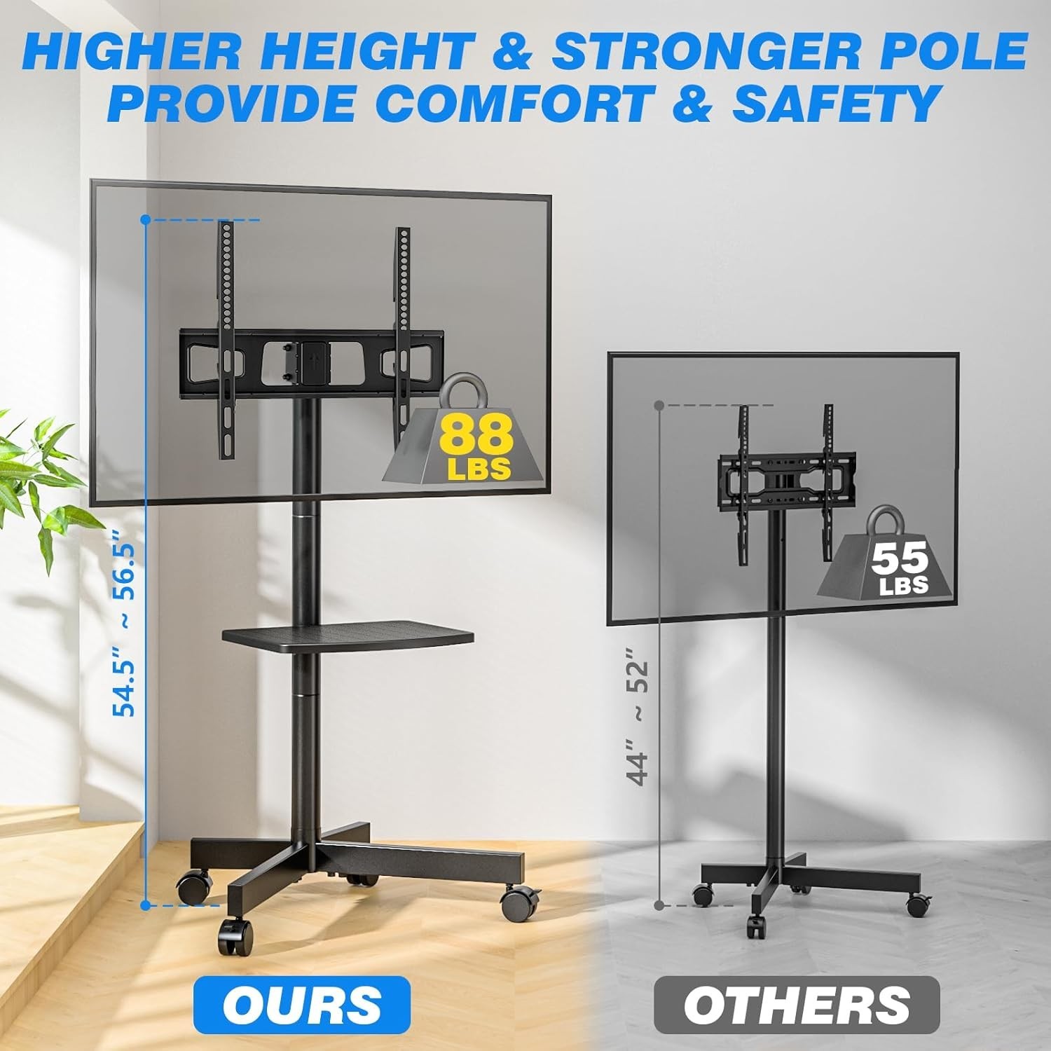 Rolling TV Stand W/ Shelf 23-65 inch TVs up to 88lbs Portable Mobile TV Cart
