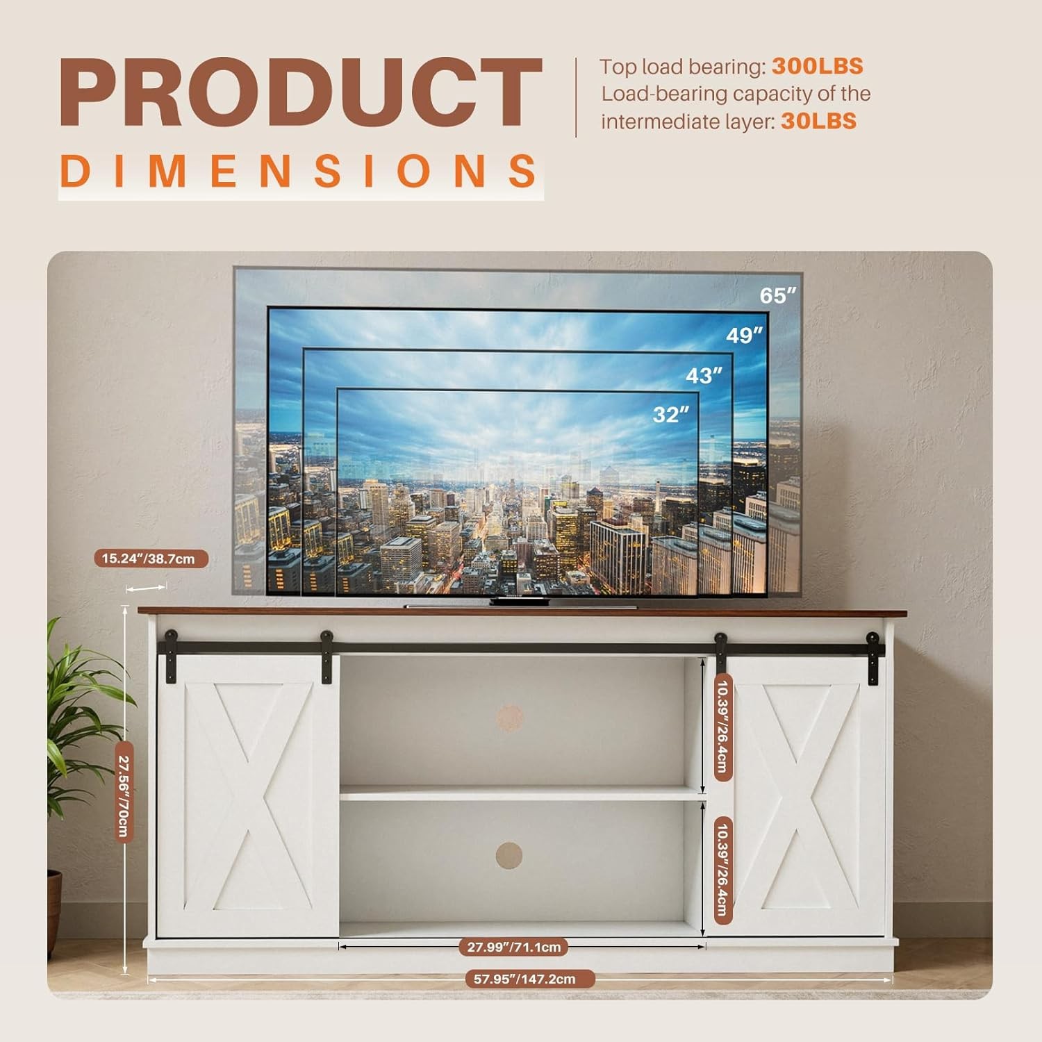 65″ TV Stand Farmhouse Entertainment Center w/ Storage Cabinet Sliding Barn Door