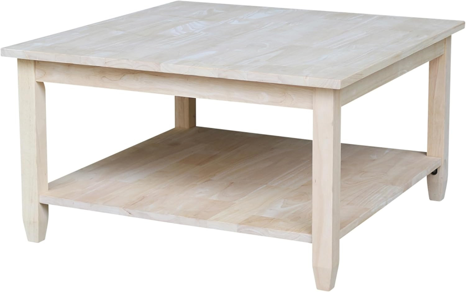 Solid Parawood Square Coffee Table with Shelf, Unfinished, 32″W x 32″D x 18″H