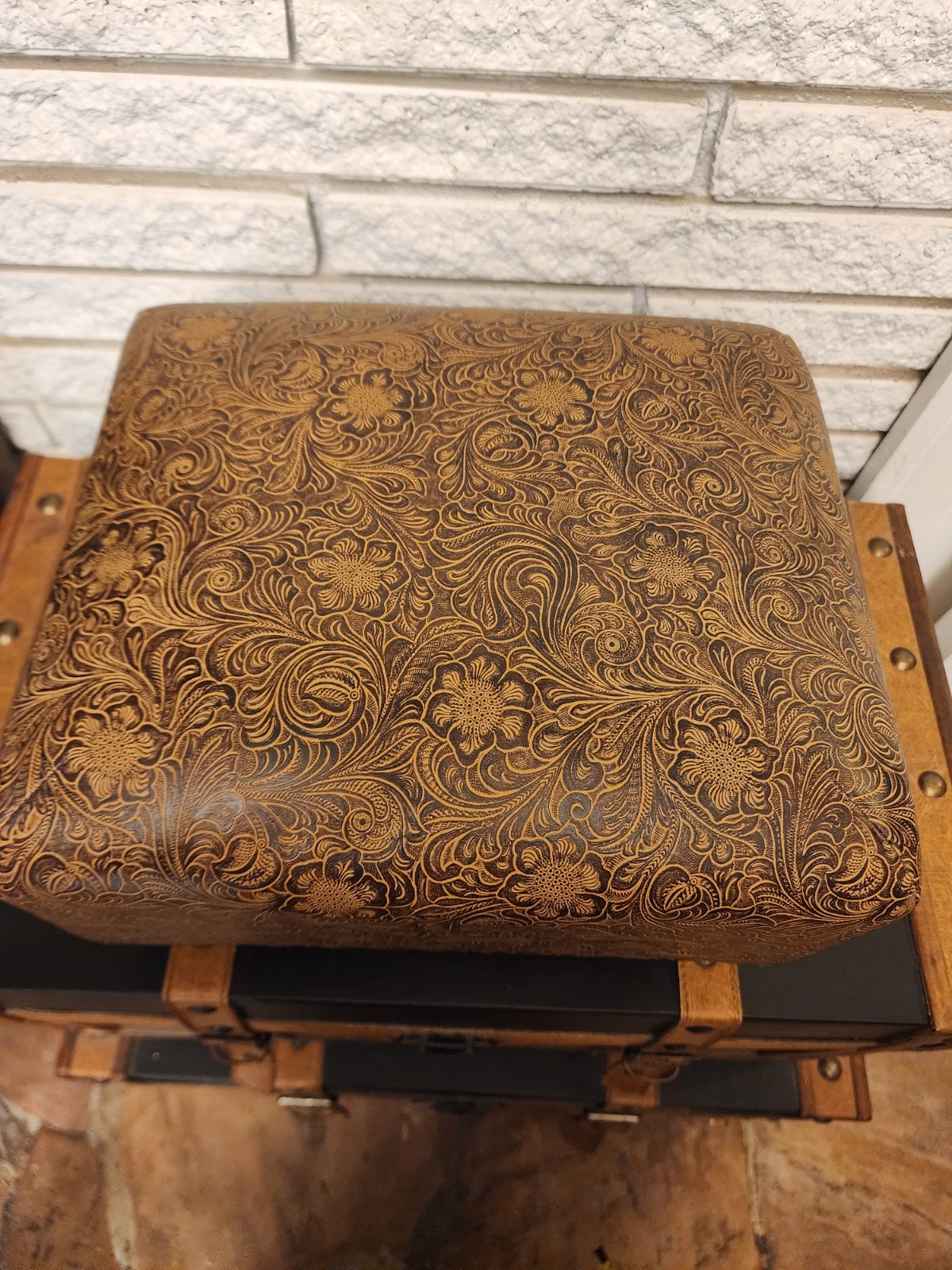 MWW Ottoman Brown Floral Studded 14″ L 11.5″ W 9″ T Grand Lodge Footstool
