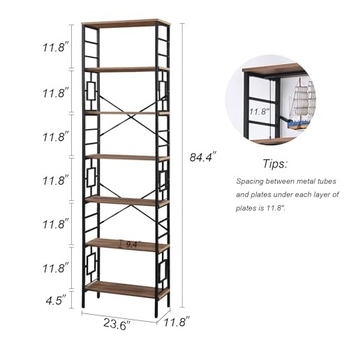 Tall Bookshelf, 84 Inch Industrial 7-Tier（23.6″W x 84.4″H） Rustic Brown