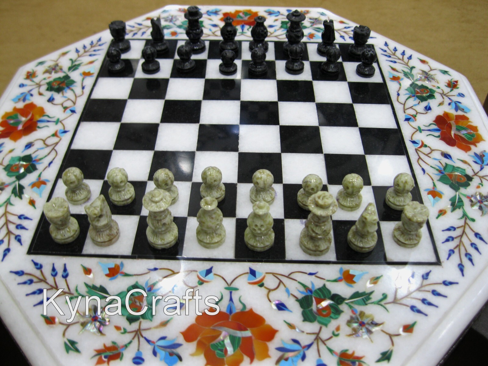 15 x 15 Inches White Marble Chess Table Top with Pietra Dura Art King 2.5 Inches