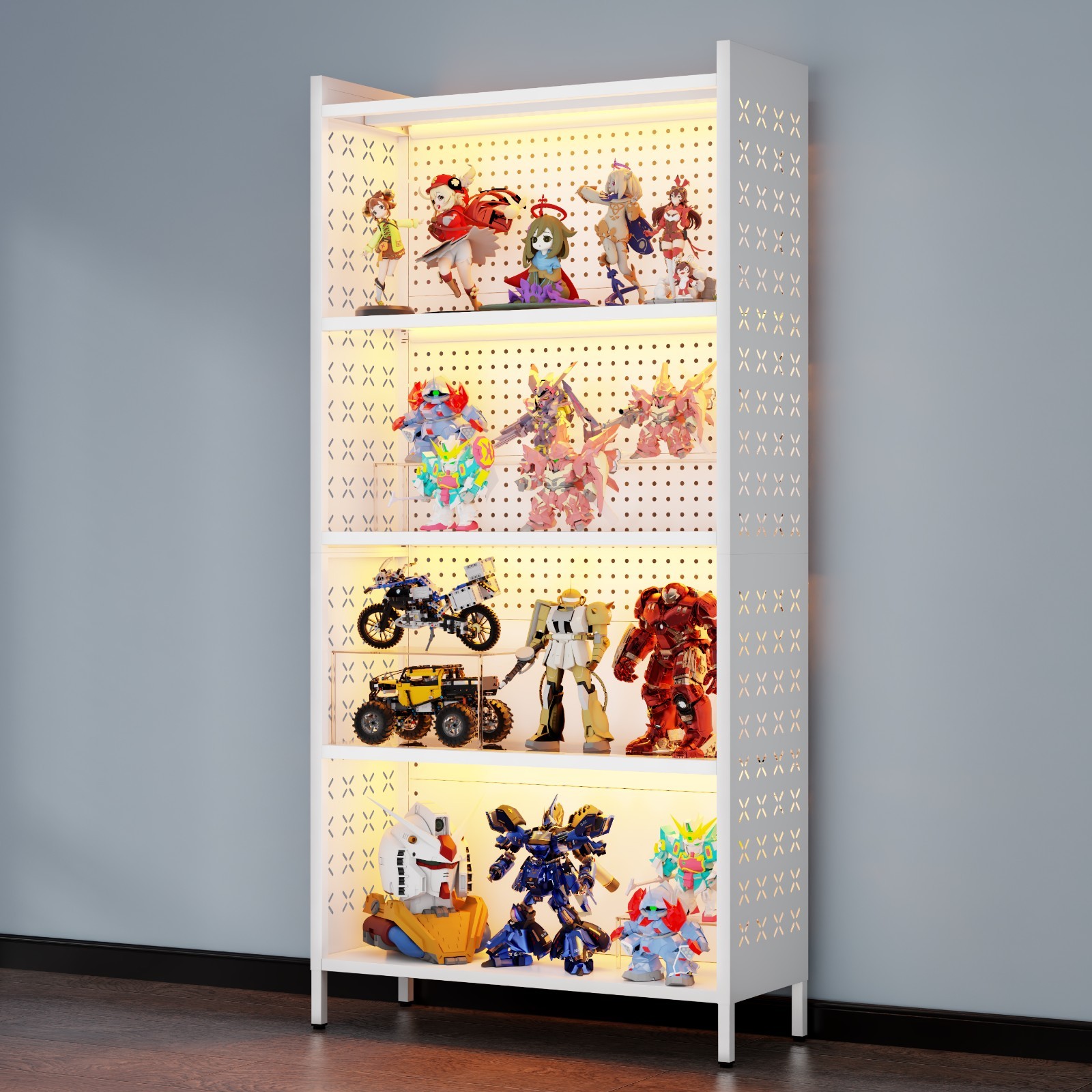 63 Inch White Metal Open Display Cabinet With Remote LED Light & Glass Shelf