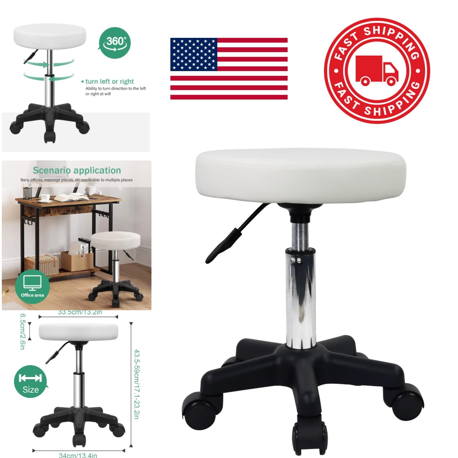 Modern Round Spa Stool with Wheels Faux Leather for Easy Mobility and Comfort