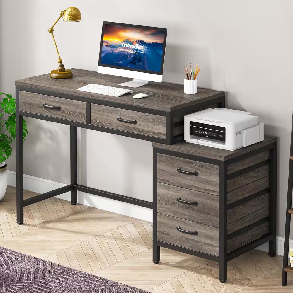 Cassey 51 In. Rectangular Industrial Gray Wood 5-Drawer Computer Desk, Revers…