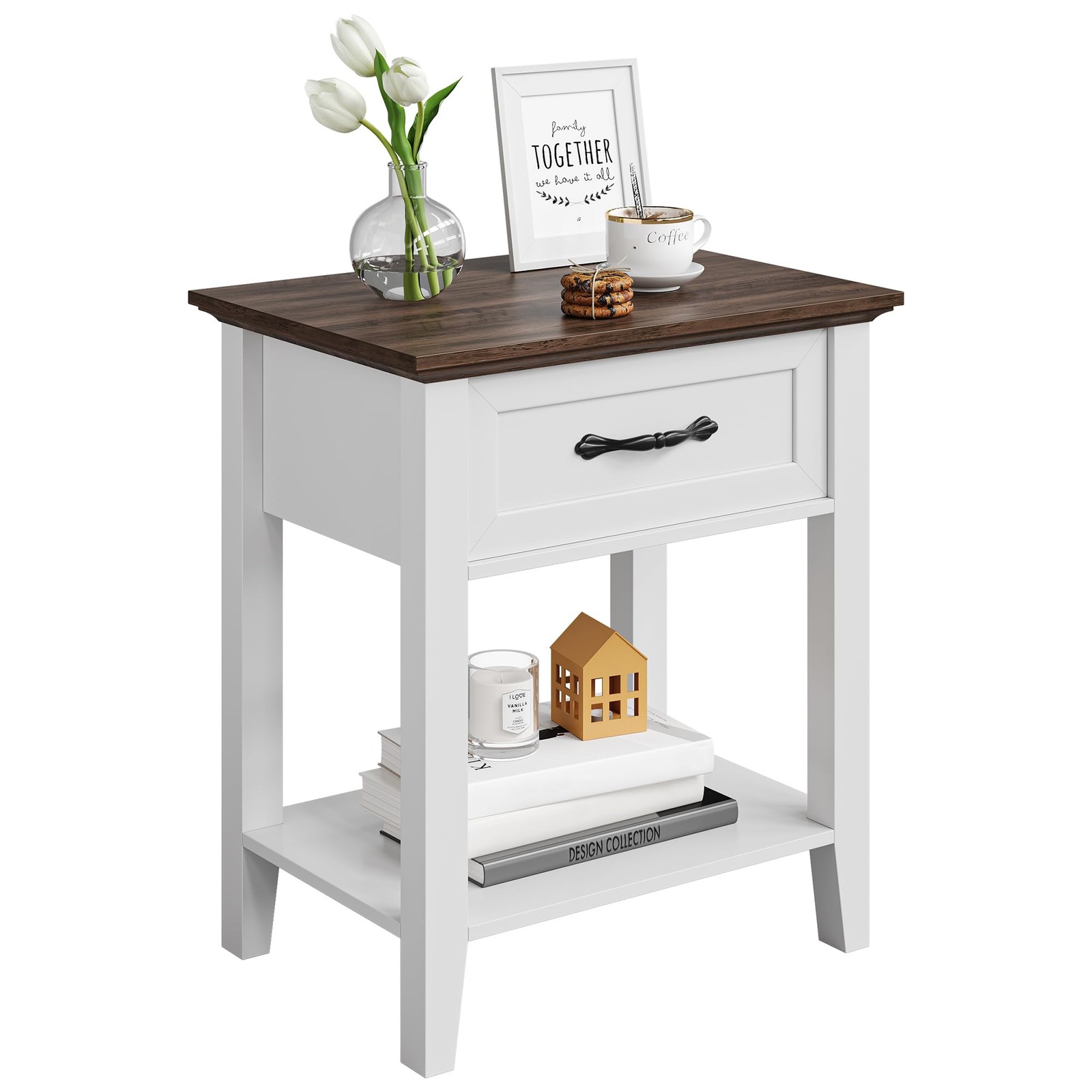 IDEALHOUSE Nightstand, End Table with Drawer,or Room, Bedroom, Dorm (White)