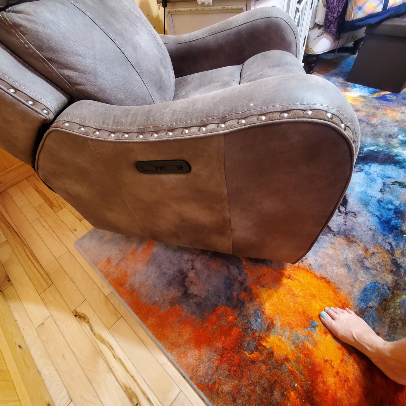 Gray Leather High Back Recliner Chair w/ Nailhead Trim, Metal Frame
