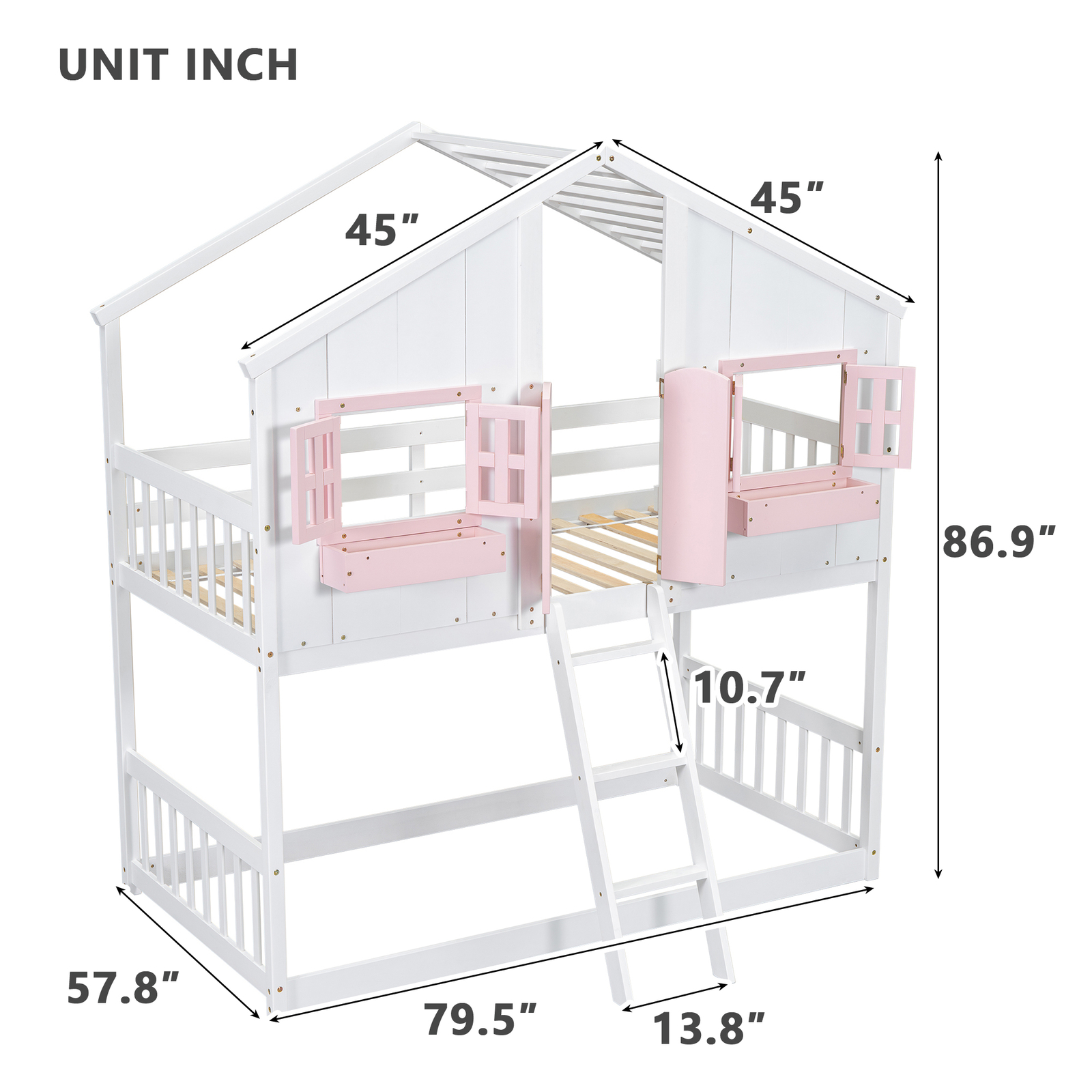 Wood Bed Frame Twin over Twin House Bunk Bed with Roof , Window & Ladder Pink