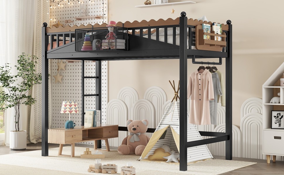 Twin XL Size Metal Loft Bed with Ladders, Storage Shelves and Bookshelf Black