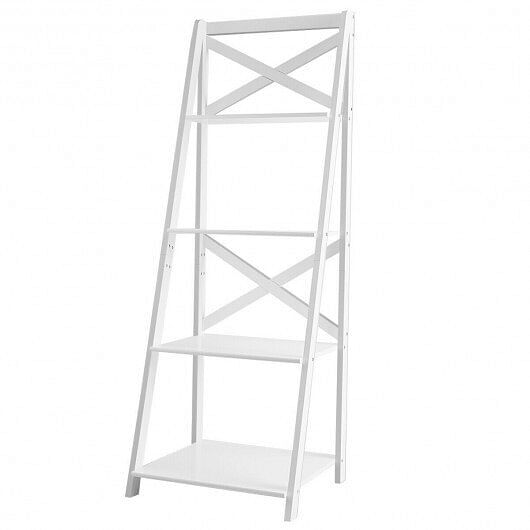 4-tier Leaning Free Standing Ladder Shelf Bookcase-White – Color: White