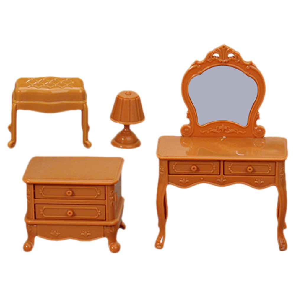 4Pcs Durable Dollhouse Bedroom Decor Mini Vanity Table with Mirror Brown Plastic