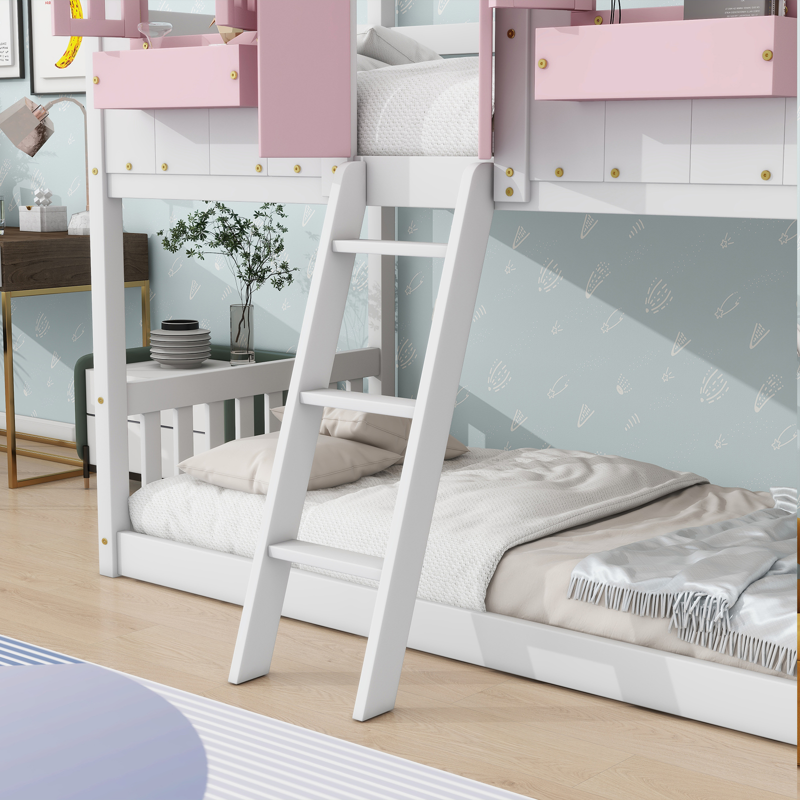 Wood Bed Frame Twin over Twin House Bunk Bed with Roof , Window & Ladder Pink