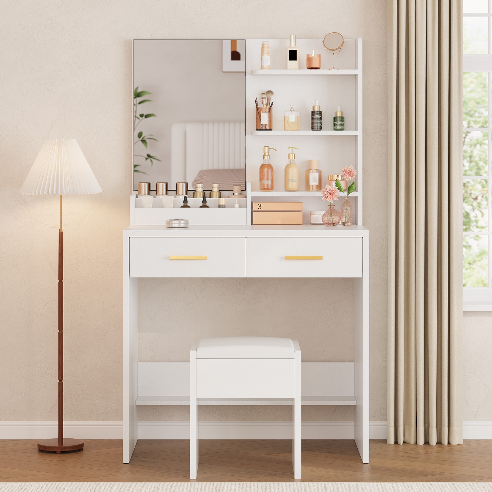 Vanity Desk with Mirror LED Lights 3 Open Shelves 2 Drawers Makeup Table White