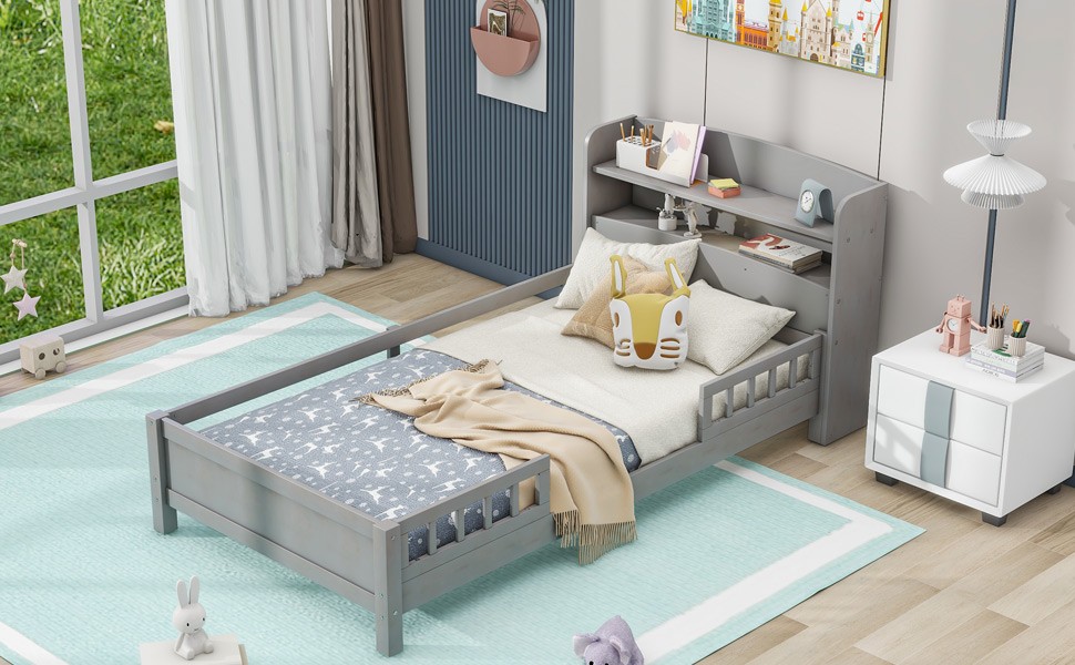 Twin Platform Bed with LED Headboard, Storage & Guardrail, Antique Grey