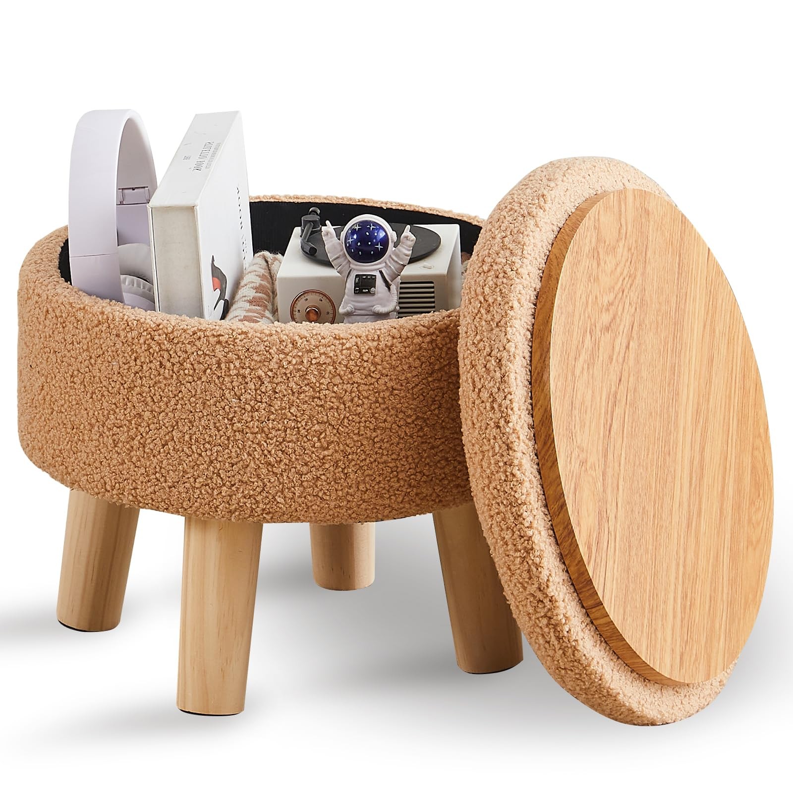 Storage Ottoman, Modern Round Footrest with Soft Padded Seat, Teddy Velvet Fo…