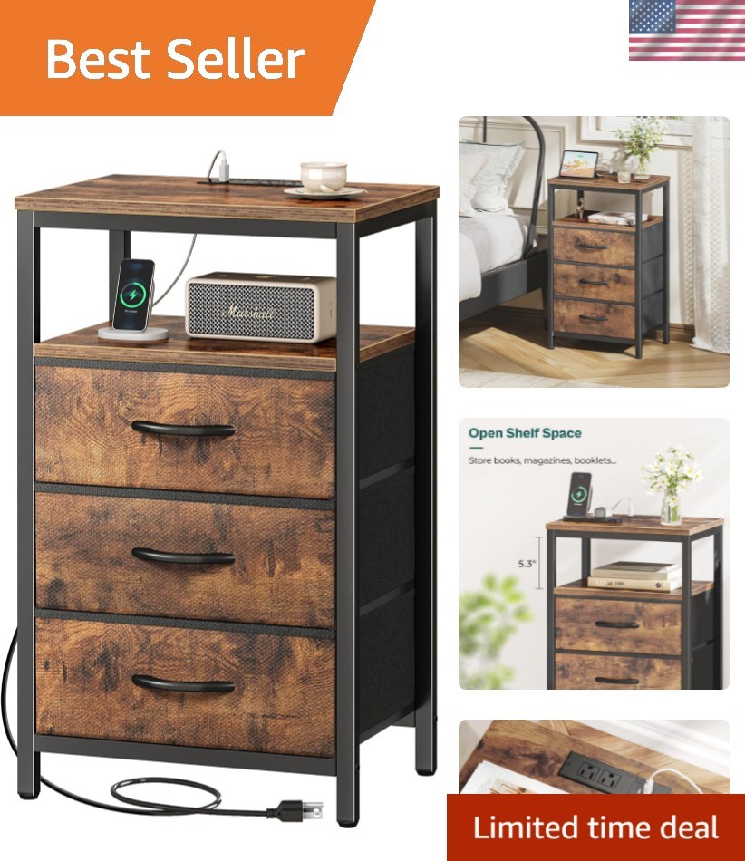 Elegant 27.6” Nightstand with Charging Station & 3 Fabric Drawers, Rustic Brown