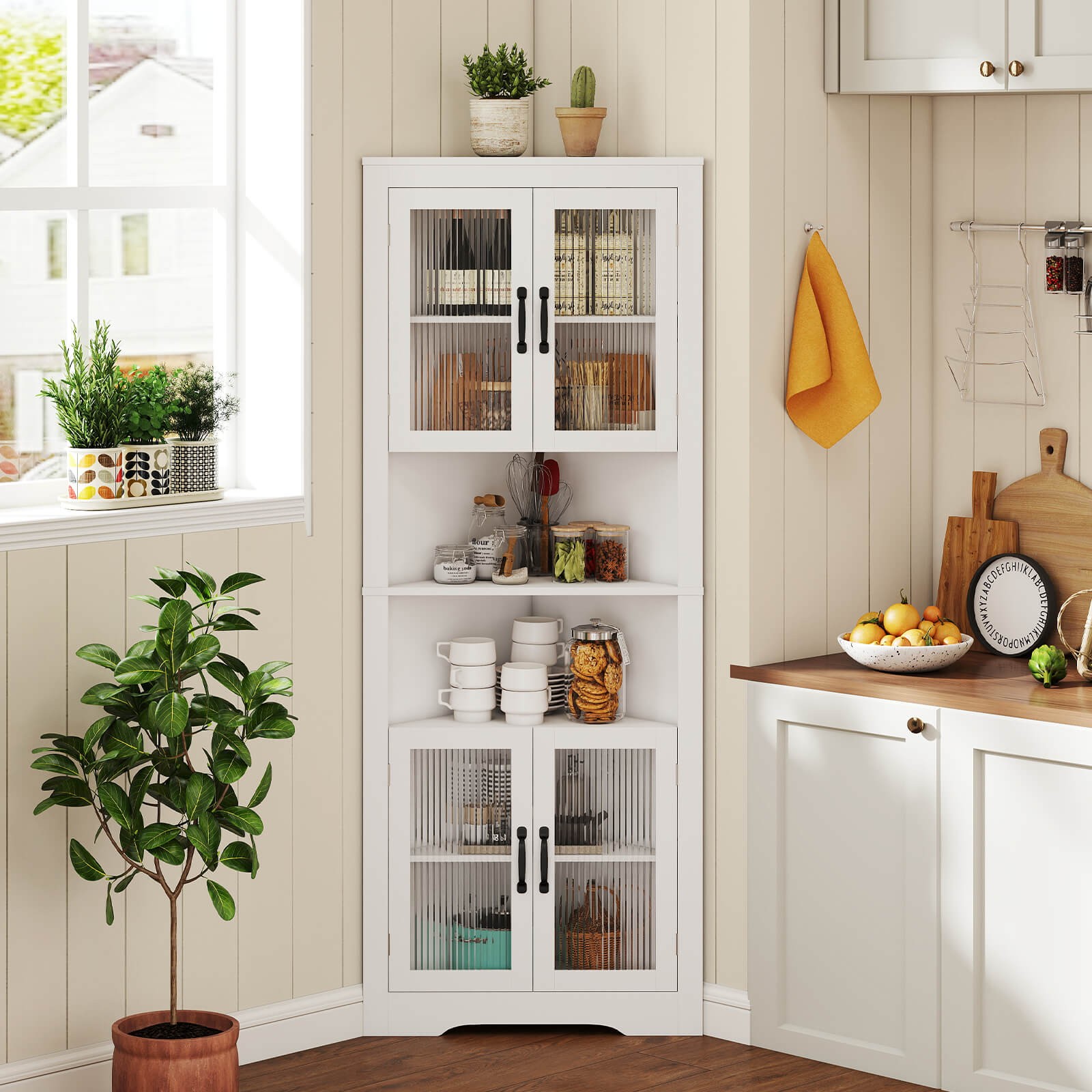 67″ Tall Corner Hutch w/ 4 Fluted Glass Doors 3-Level Adjustable Shelves