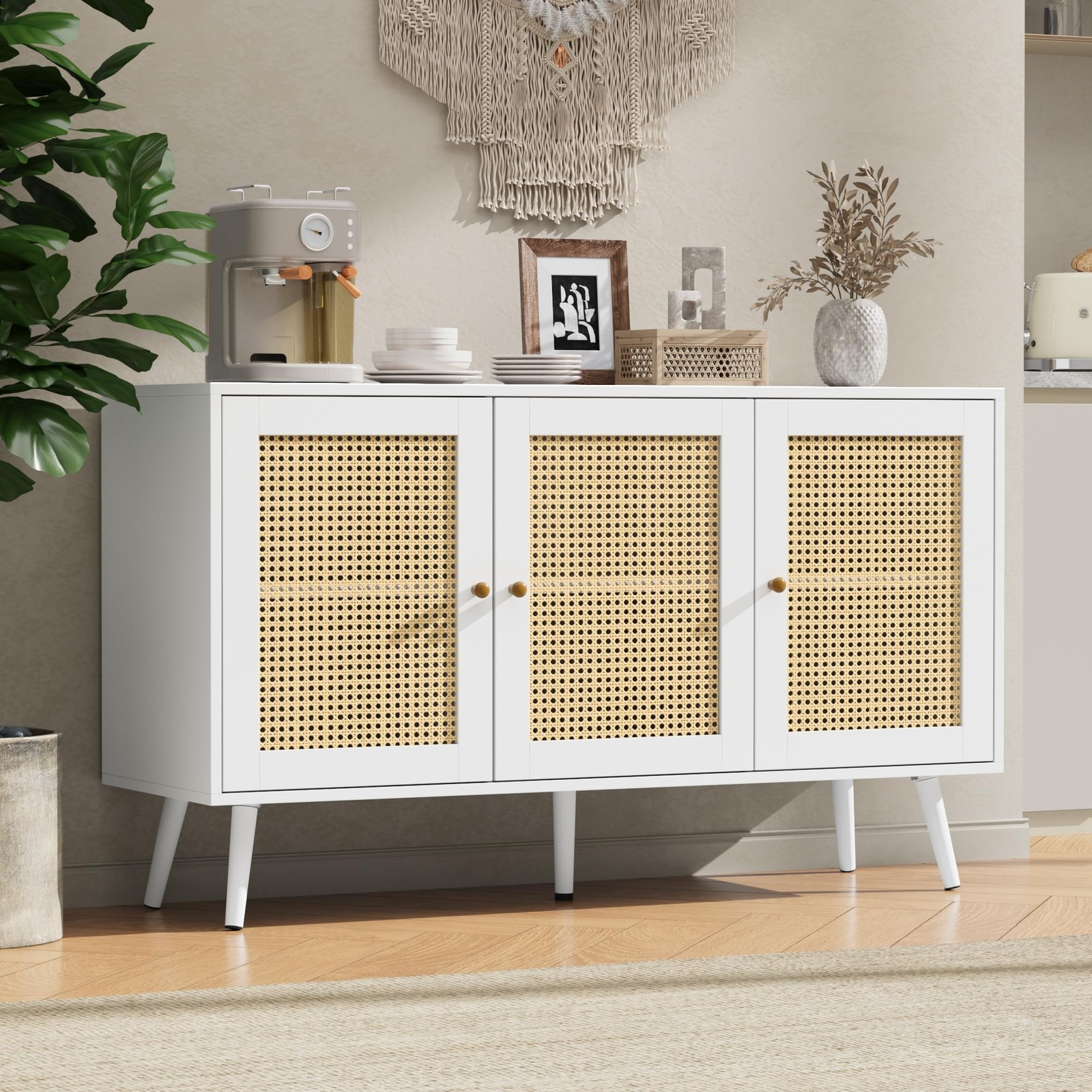 47.2″ Modern Rattan Buffet Storage Cabinet W/Adjustable Shelves & 3 Doors,Table