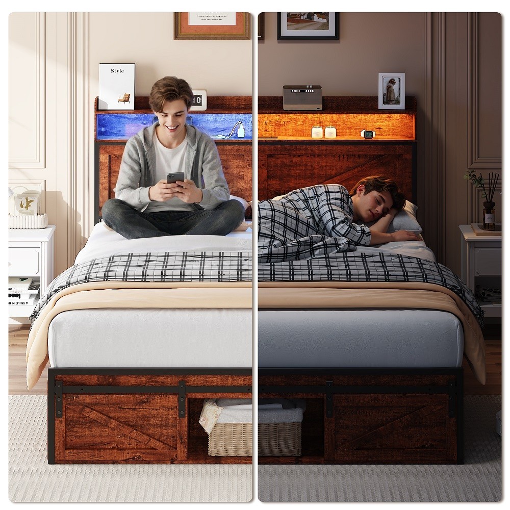 Full/Queen Size Bed Frame Wood Platform Bed w/Storage Headboard & LED Lights