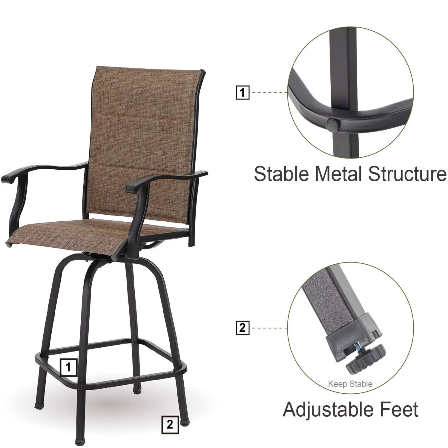 Swivel Patio Bar Stools Set of 2 Bar Height Chairs Outdoor Barstool with Padded