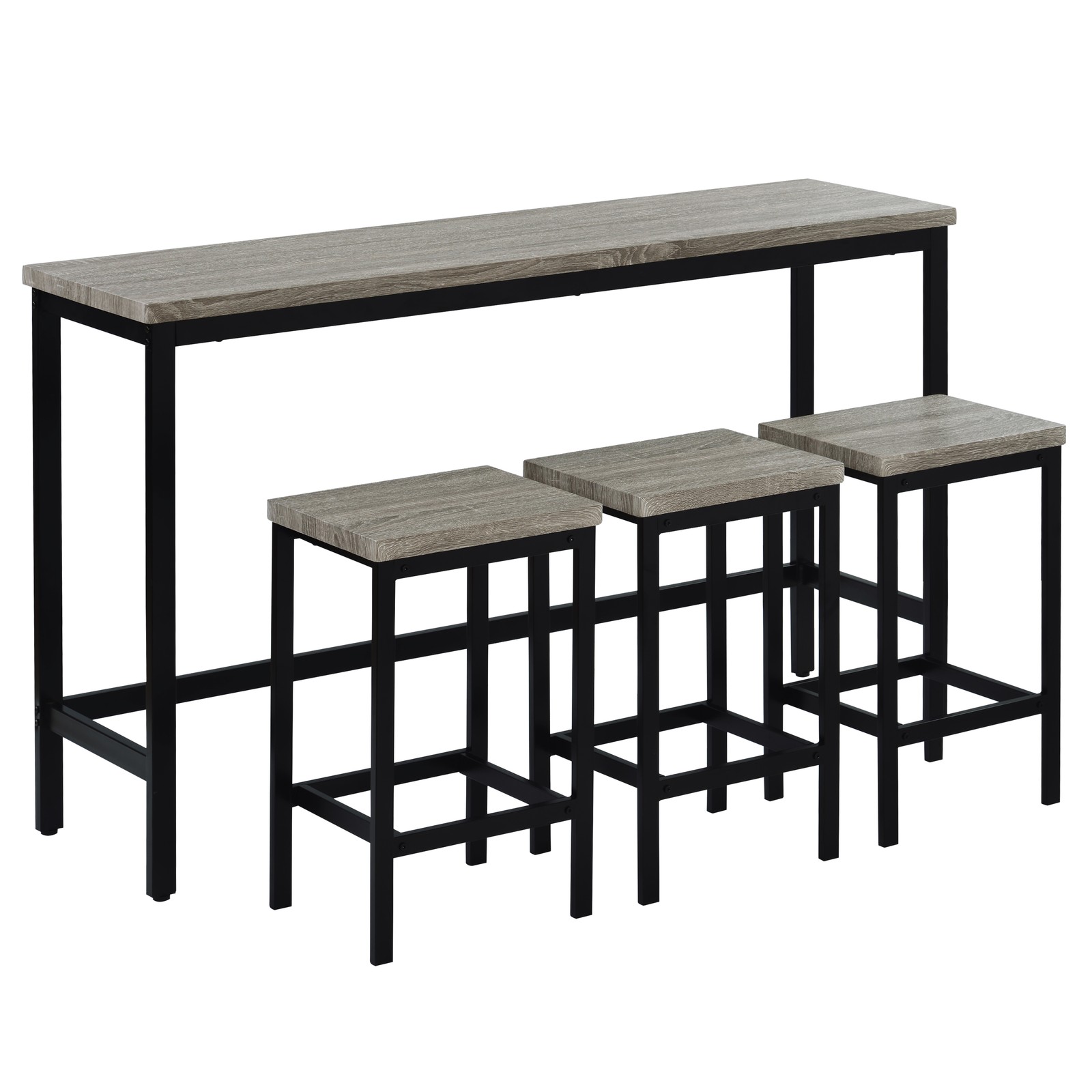 Three-piece set, long dining table with counter height and three stools, grey