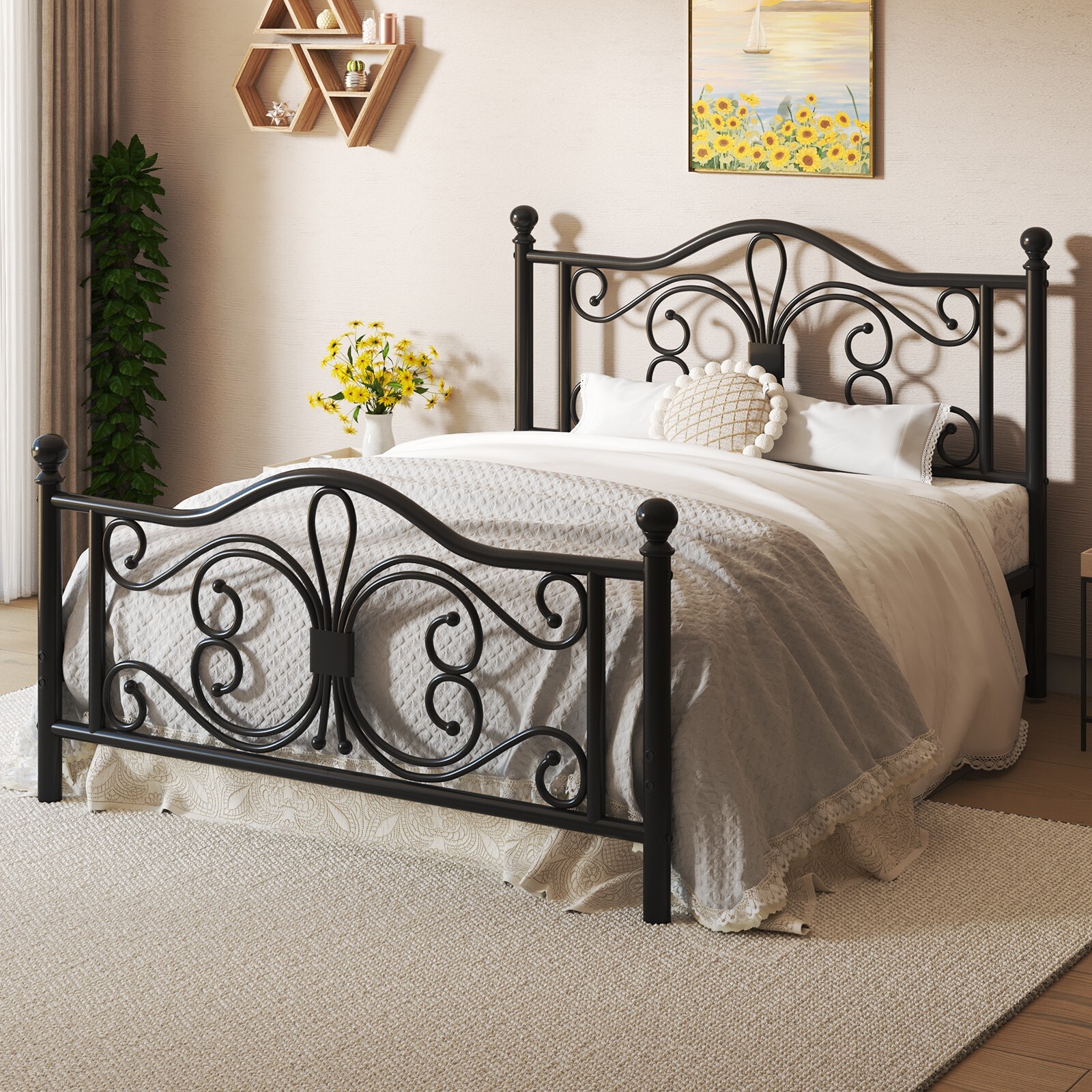 Twin/Full/Queen Bed Frame with Headboard & Footboard Strong Metal Slat Support