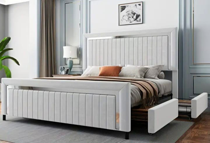 Gray Upholstered Fabric Metal King Bed Frame, 2 Storage Drawers, 84.2x80x46