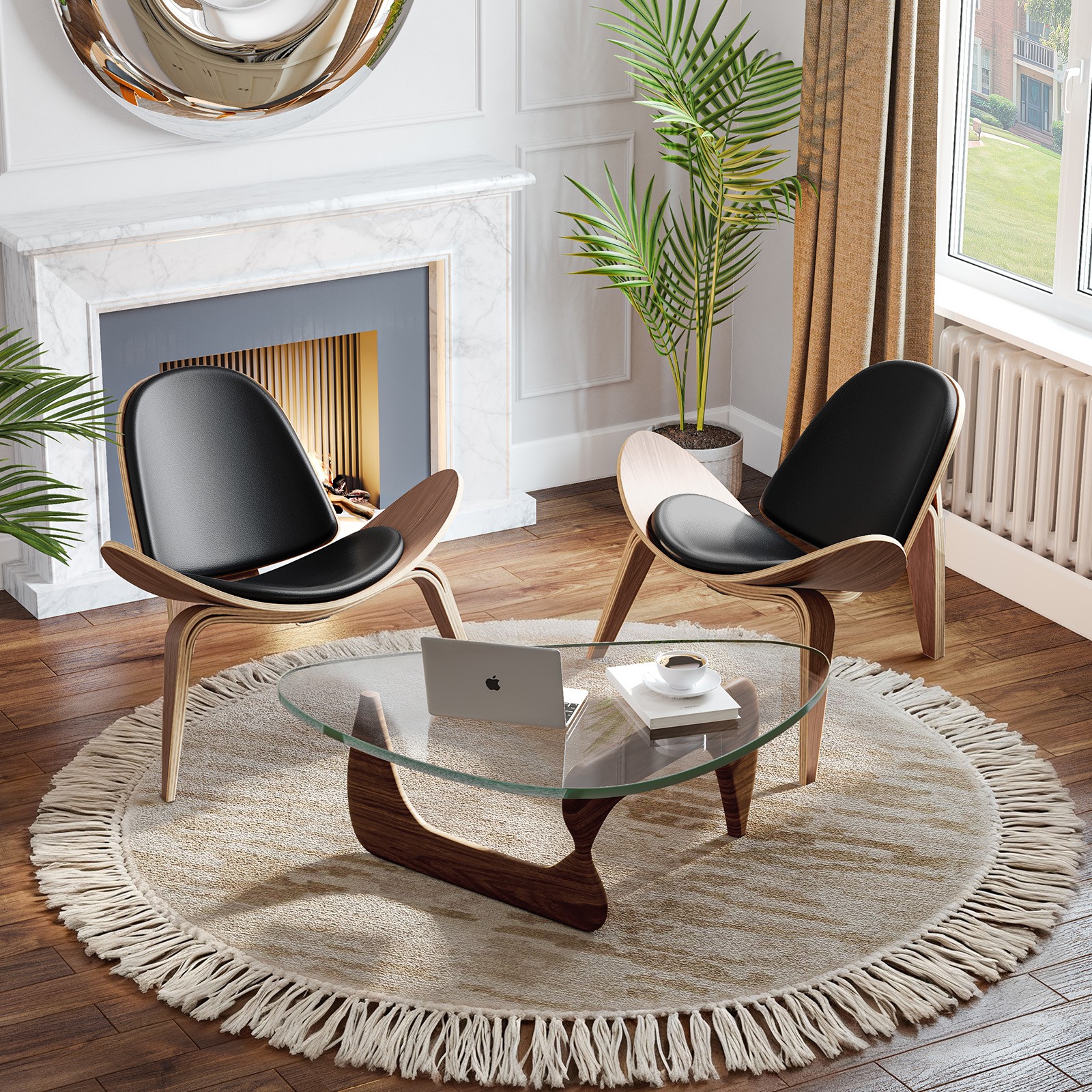 Accent Shell Chair Leather Wood Lounge Side Chair Mid Century Hans Wegner Style
