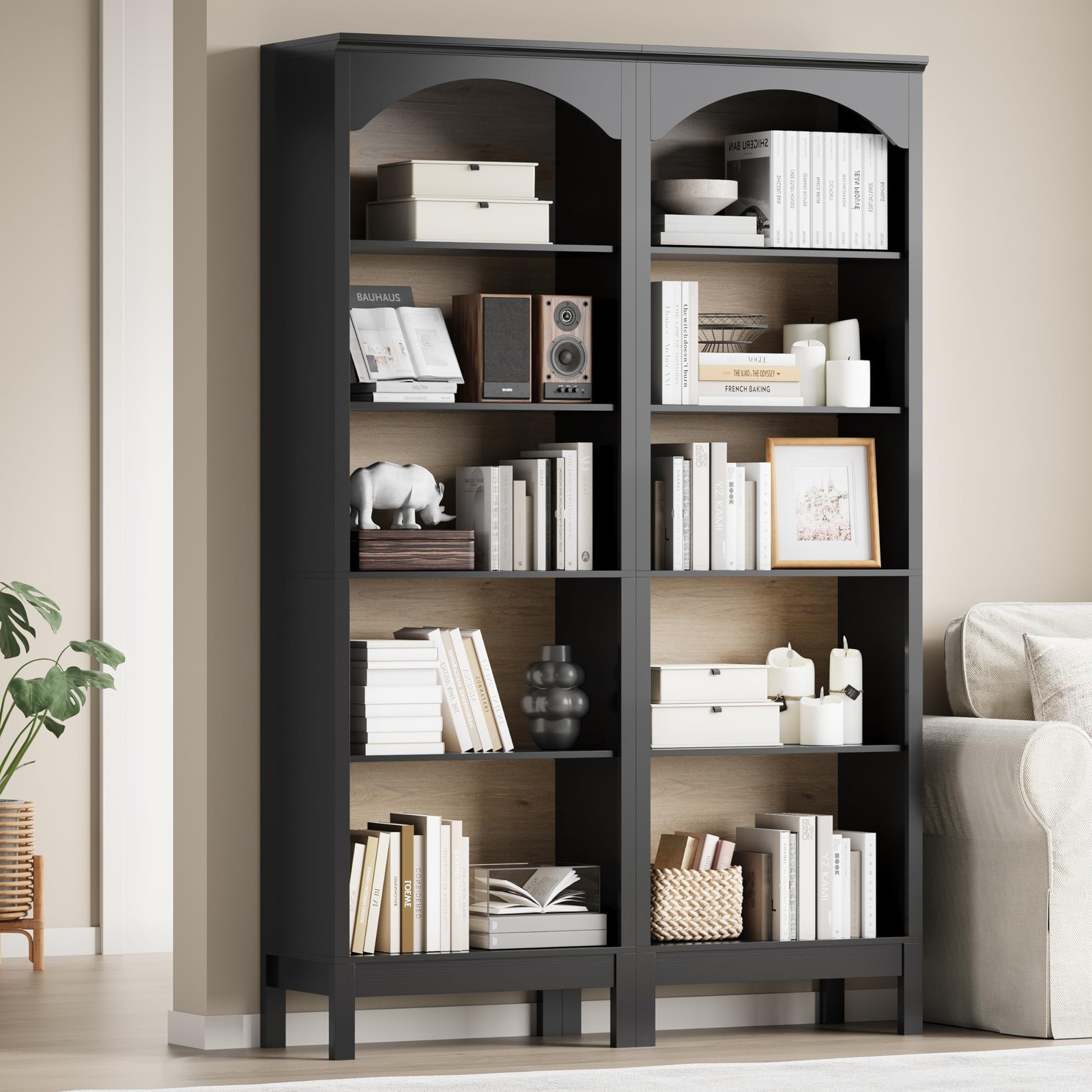 2x Arched Bookshelf 5 Tier 71in Wood Adjustable Shelves 24W Floor Display Black