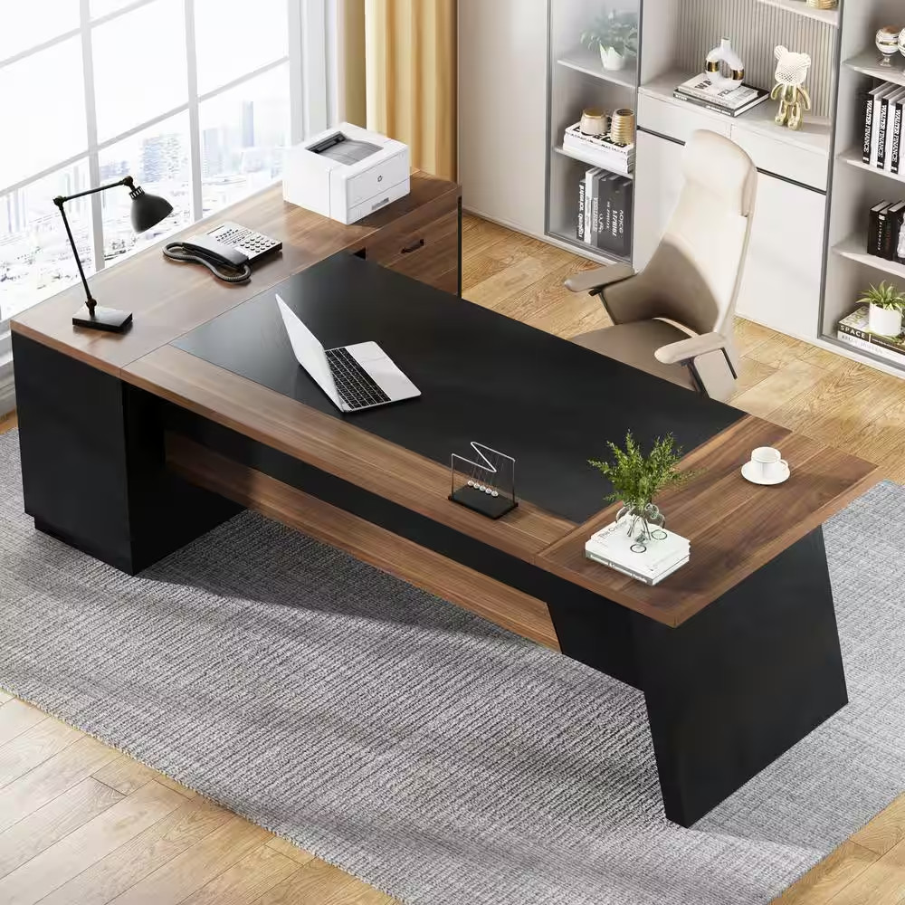 Capen 78.7 In. L Shape Brown and White Wood 2-Drawer Executive Desk Modern Compu