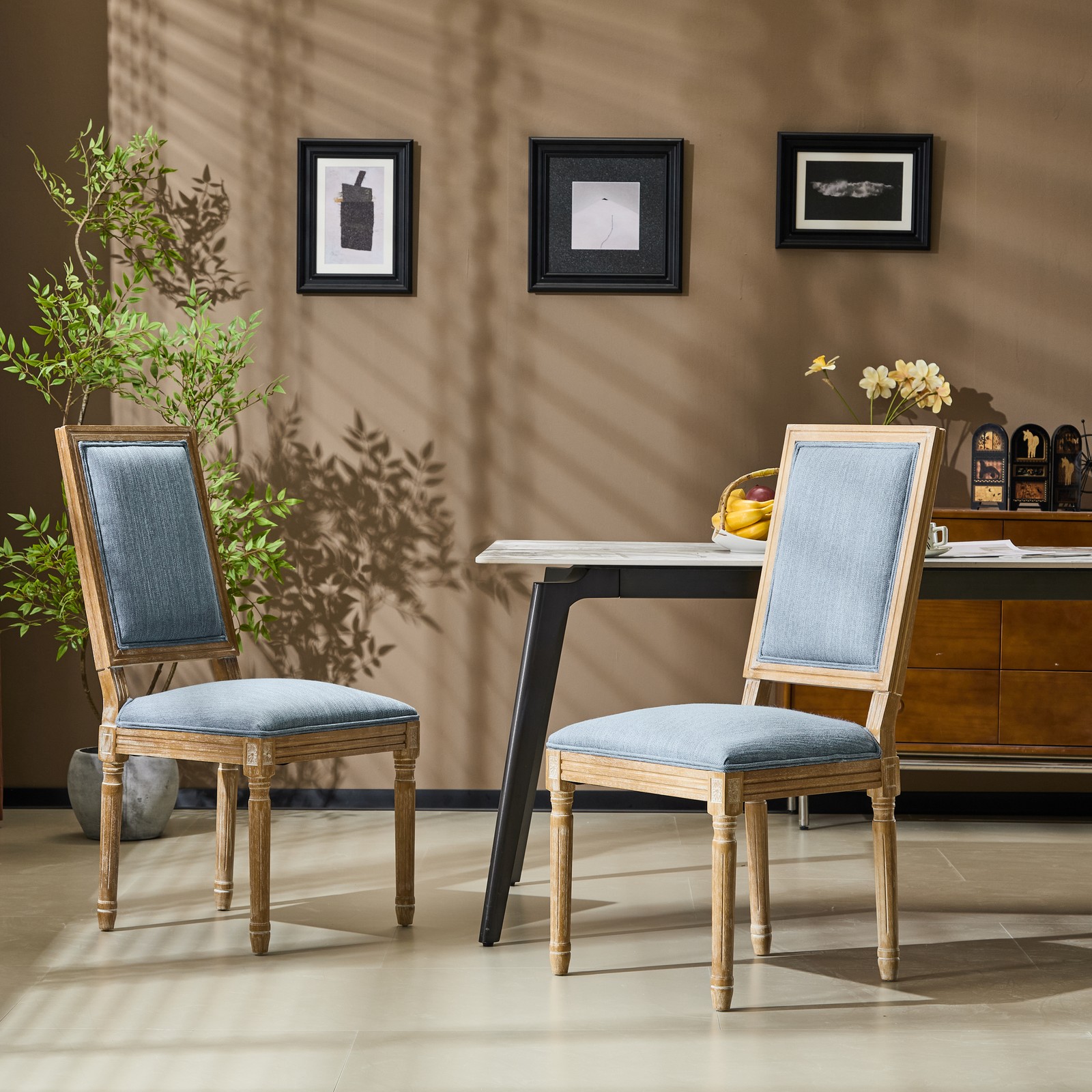 French Country Dining Chairs Set of 2 Solid Wood Upholstered High Back Slate