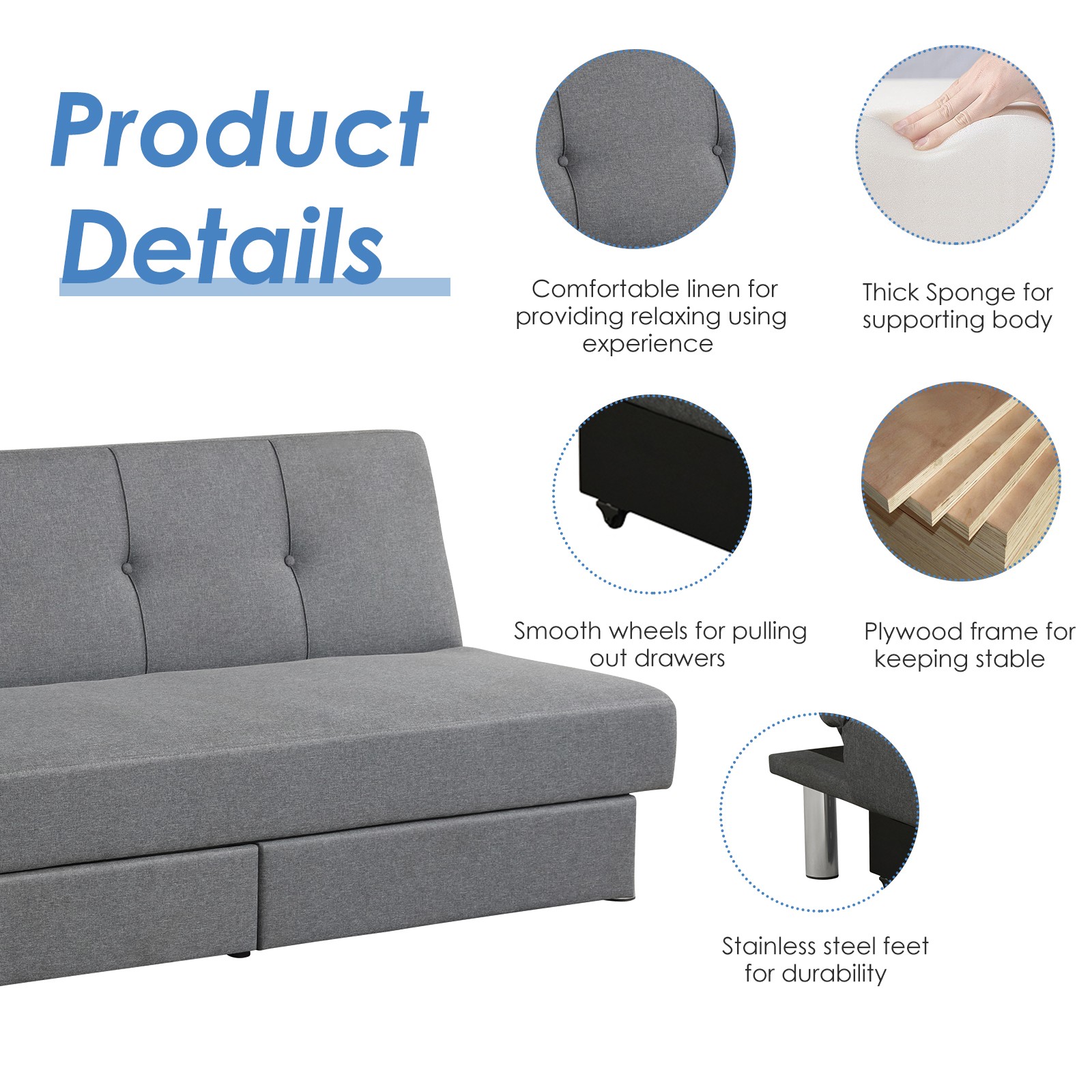 Costway Convertible Futon Sofa Bed Adjustable Couch Sleeper w/ Two Drawers Grey