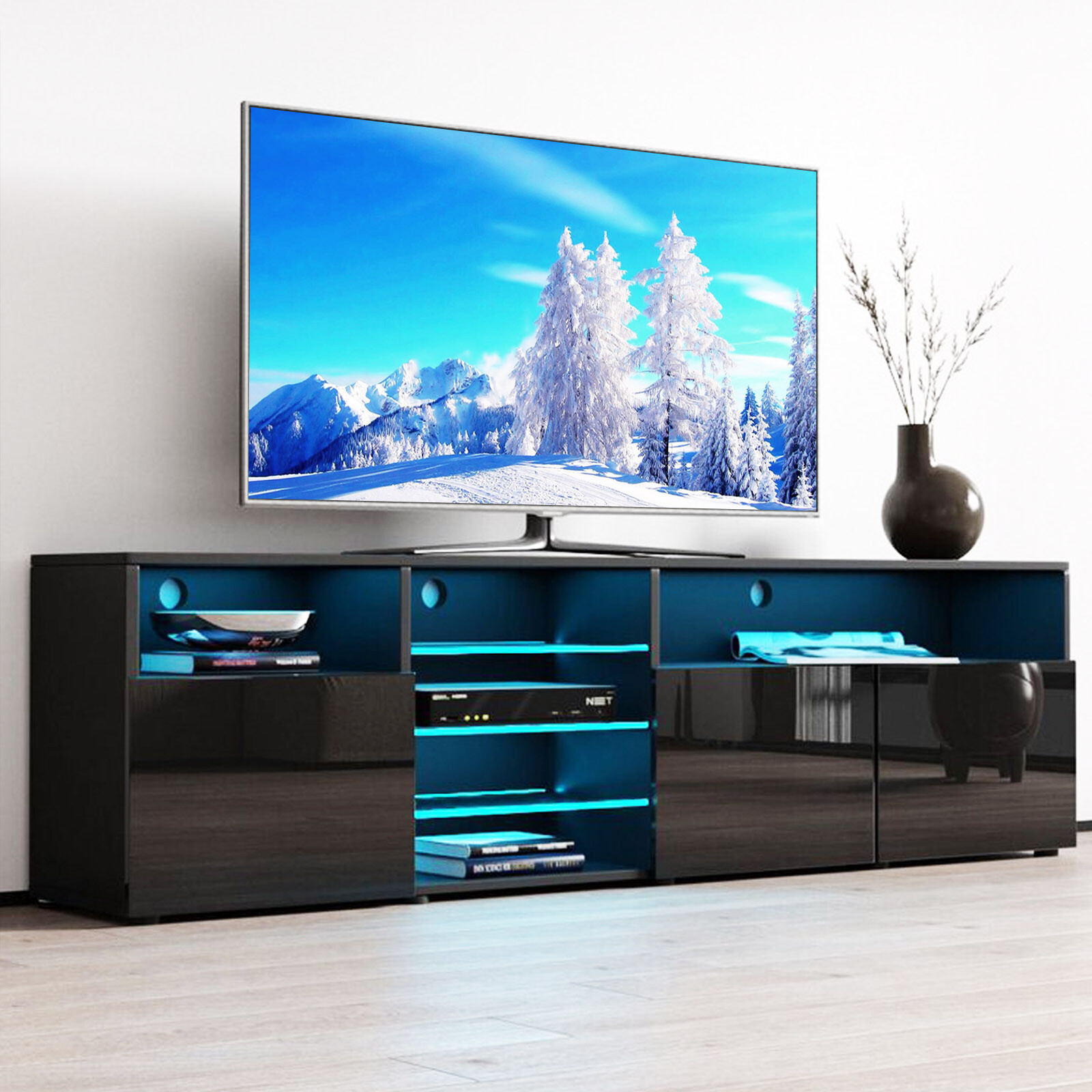 Modern Glossy TV Stand LED Entertainment Unit Console Media Table for 65″ 70″ TV