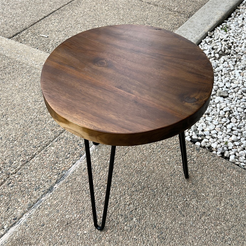 Natural Teak Wood Round End Side Table with Hairpin Legs 21″ H Home Decor
