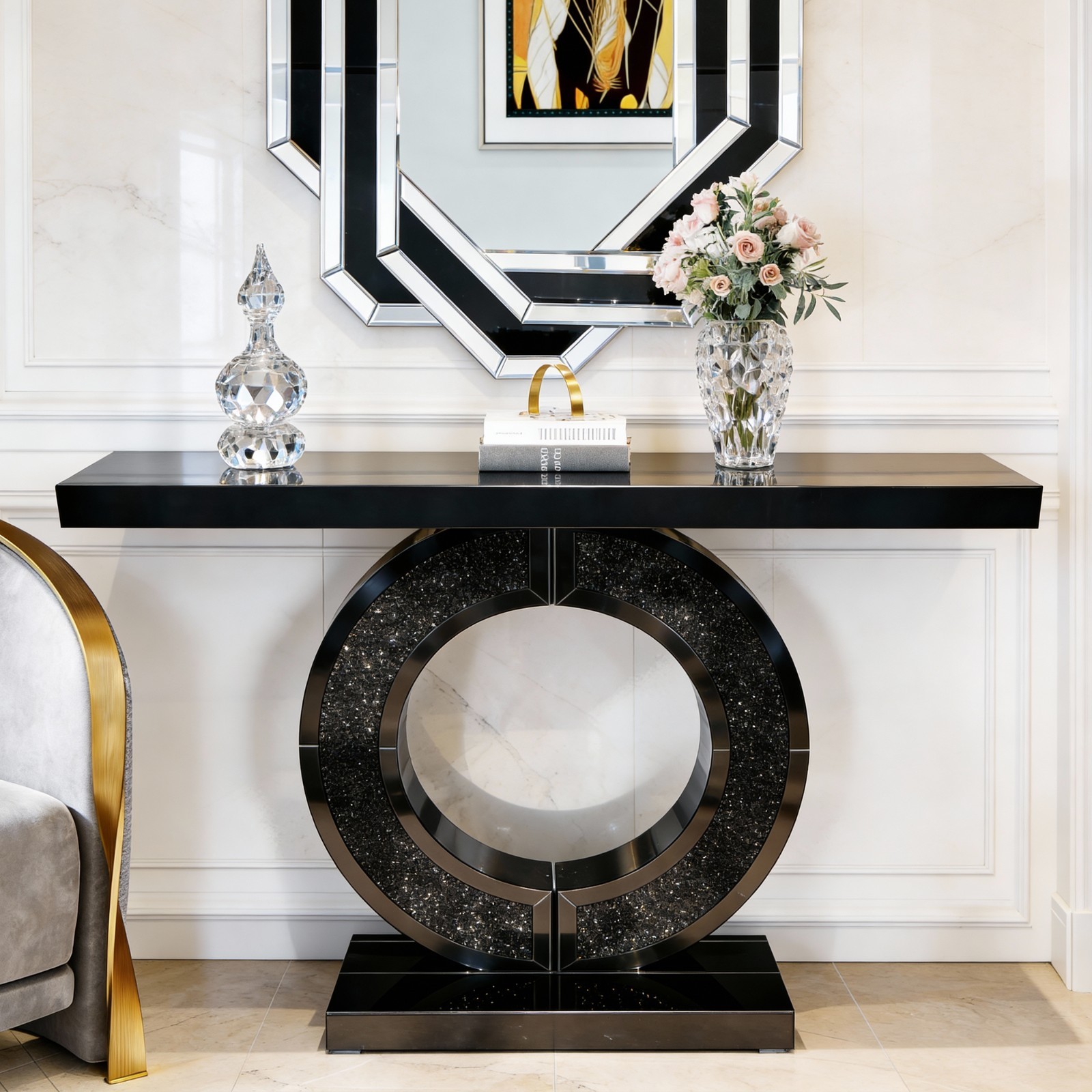 O Shaped Mirrored Console Table with Crystal Entryway Table for Living Room