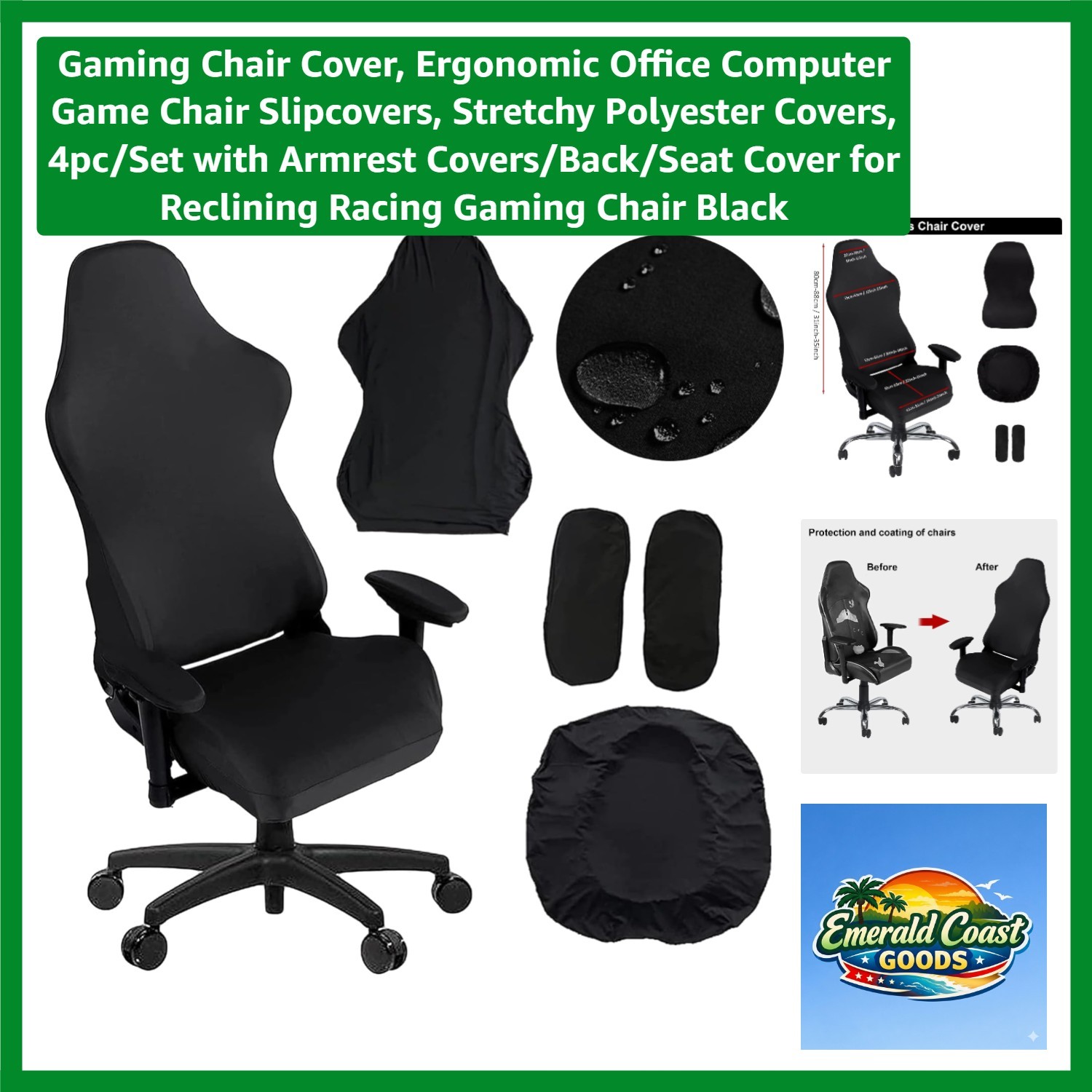 Modern Black Gaming Chair Covers – 4pc Set for Quick Dust & Scratch Protection