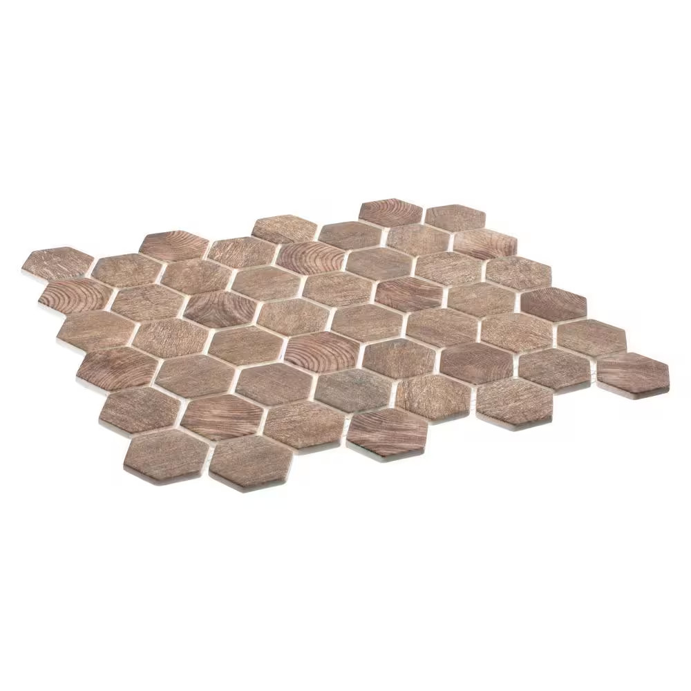 Terrain Cherri Brown 2-In. Hexagon Honeycomb Wood Look Matte Glass Wall and Floo
