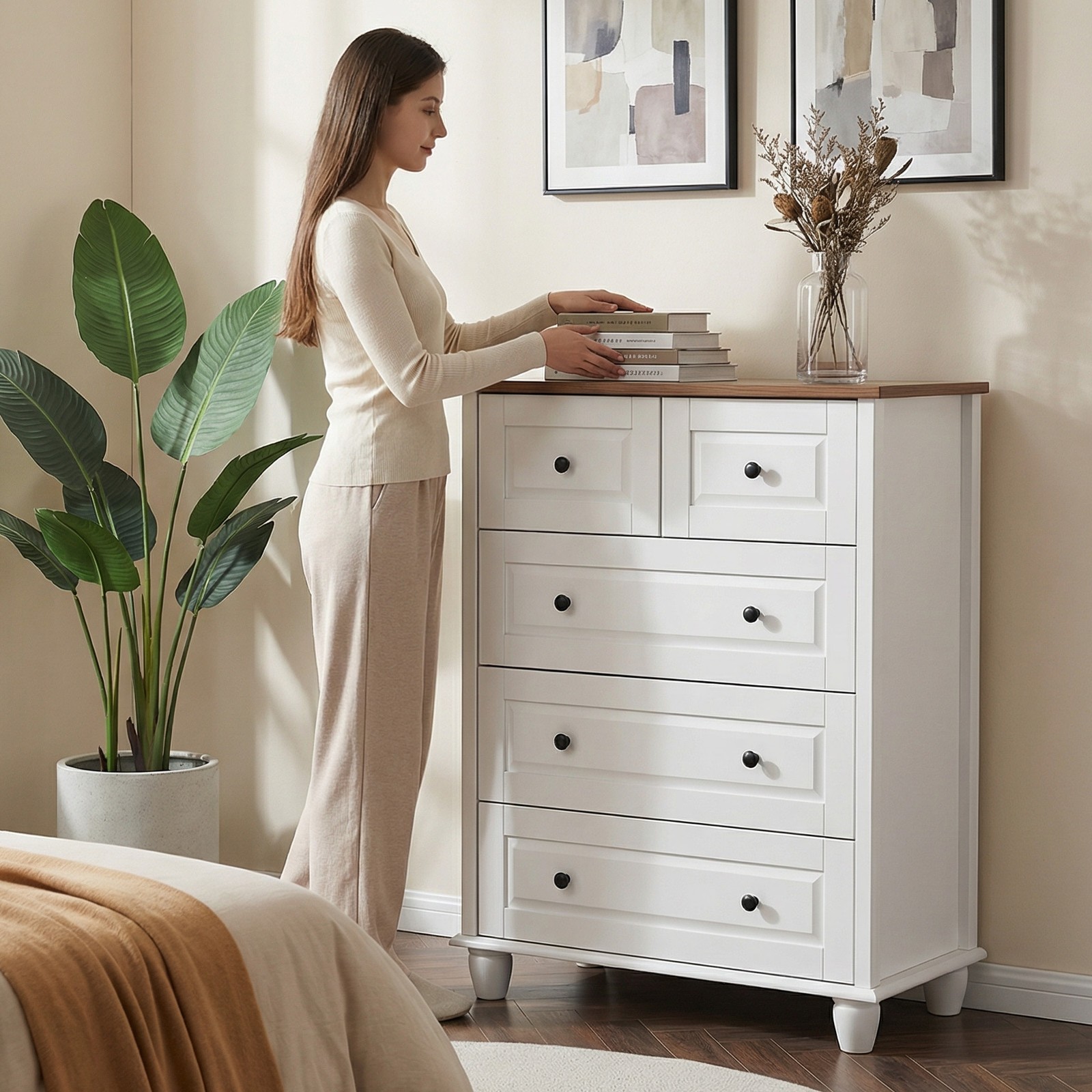 White 5-Drawer Dresser, 29.1×15.7×36.7in Solid Wood Vertical Storage Cabinet