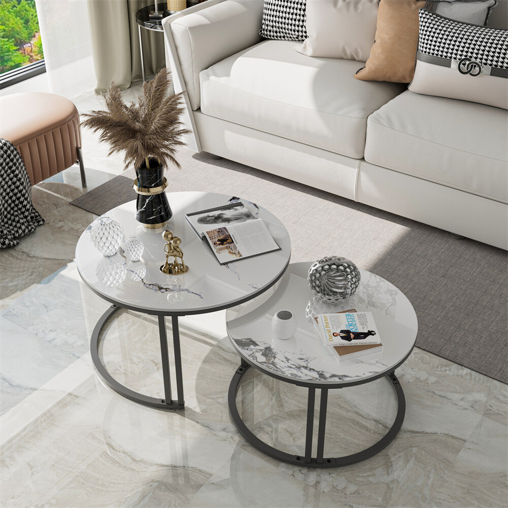 2x Large Nesting Coffee Table Gloss Sintered Stone Center Tables Aluminum Frame