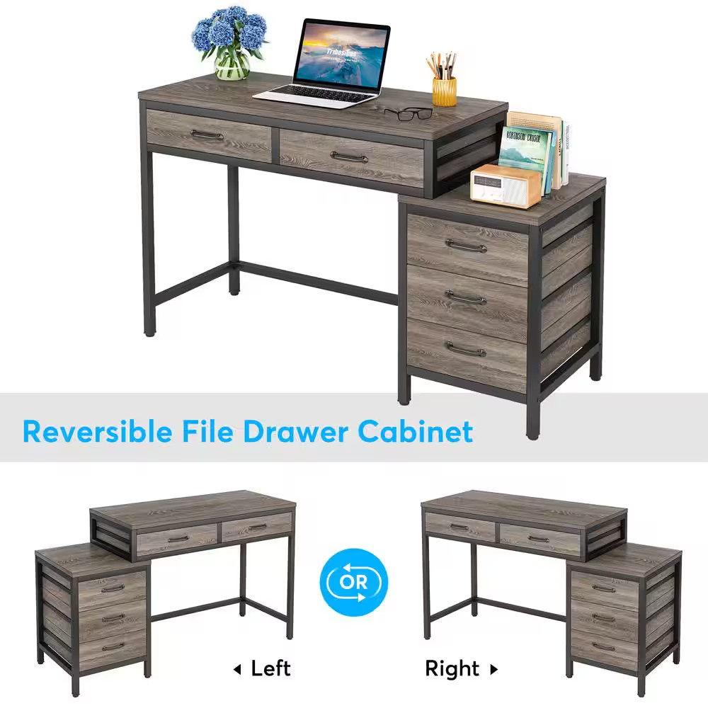 Cassey 51 In. Rectangular Industrial Gray Wood 5-Drawer Computer Desk, Revers…