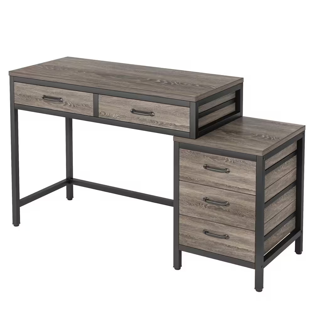 Cassey 51 In. Rectangular Industrial Gray Wood 5-Drawer Computer Desk, Revers…