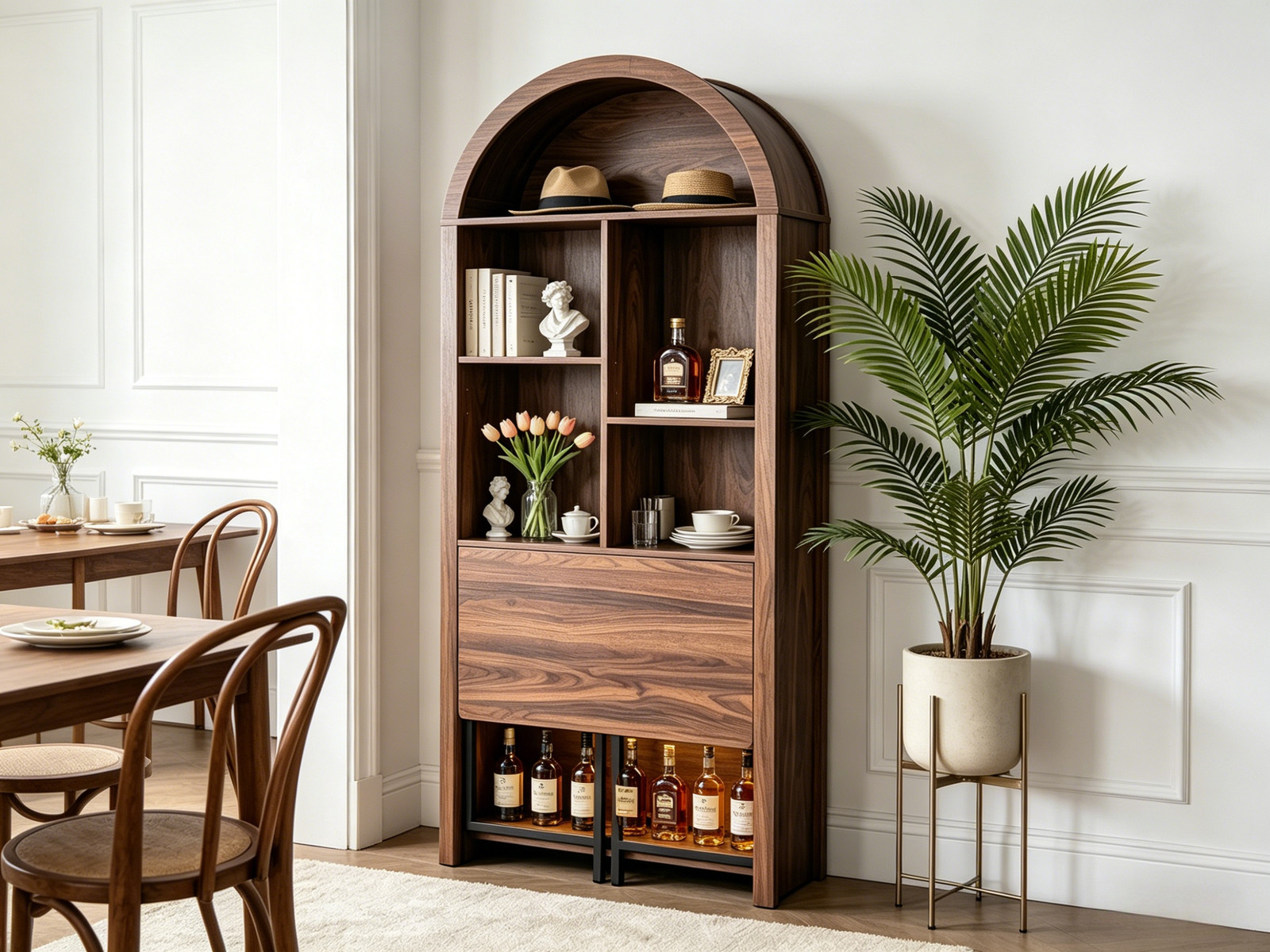 Tall Arched Folding Desk Bookcase, Convertible Hideaway Desk with Storage